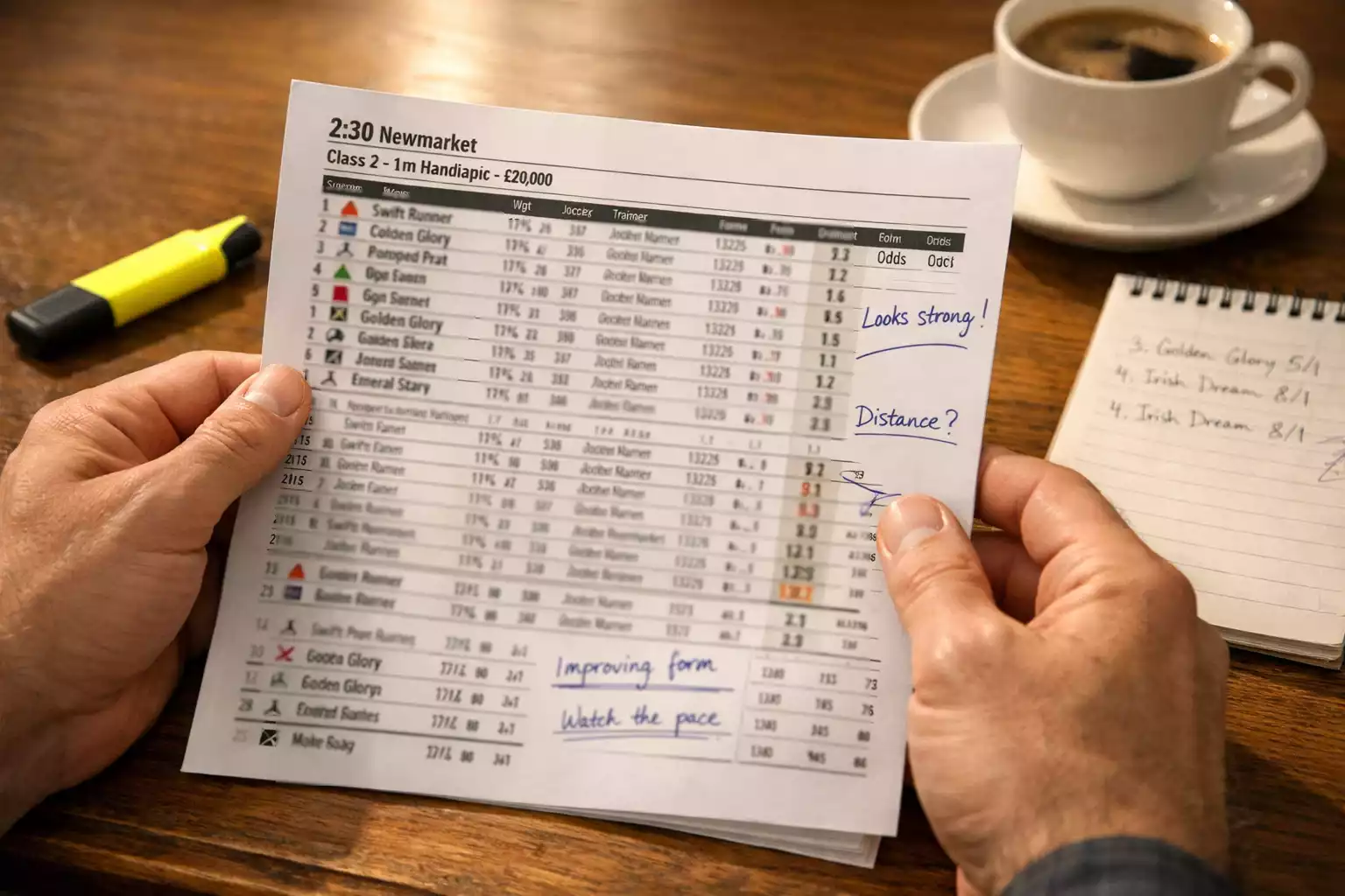 Person analysiert eine Racecard mit Pferde-Statistiken und Notizen