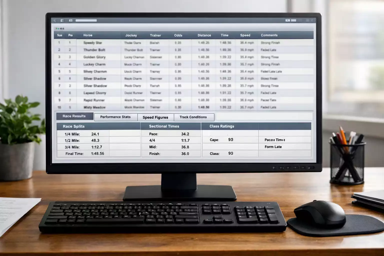 Computer-Bildschirm mit Rennstatistiken