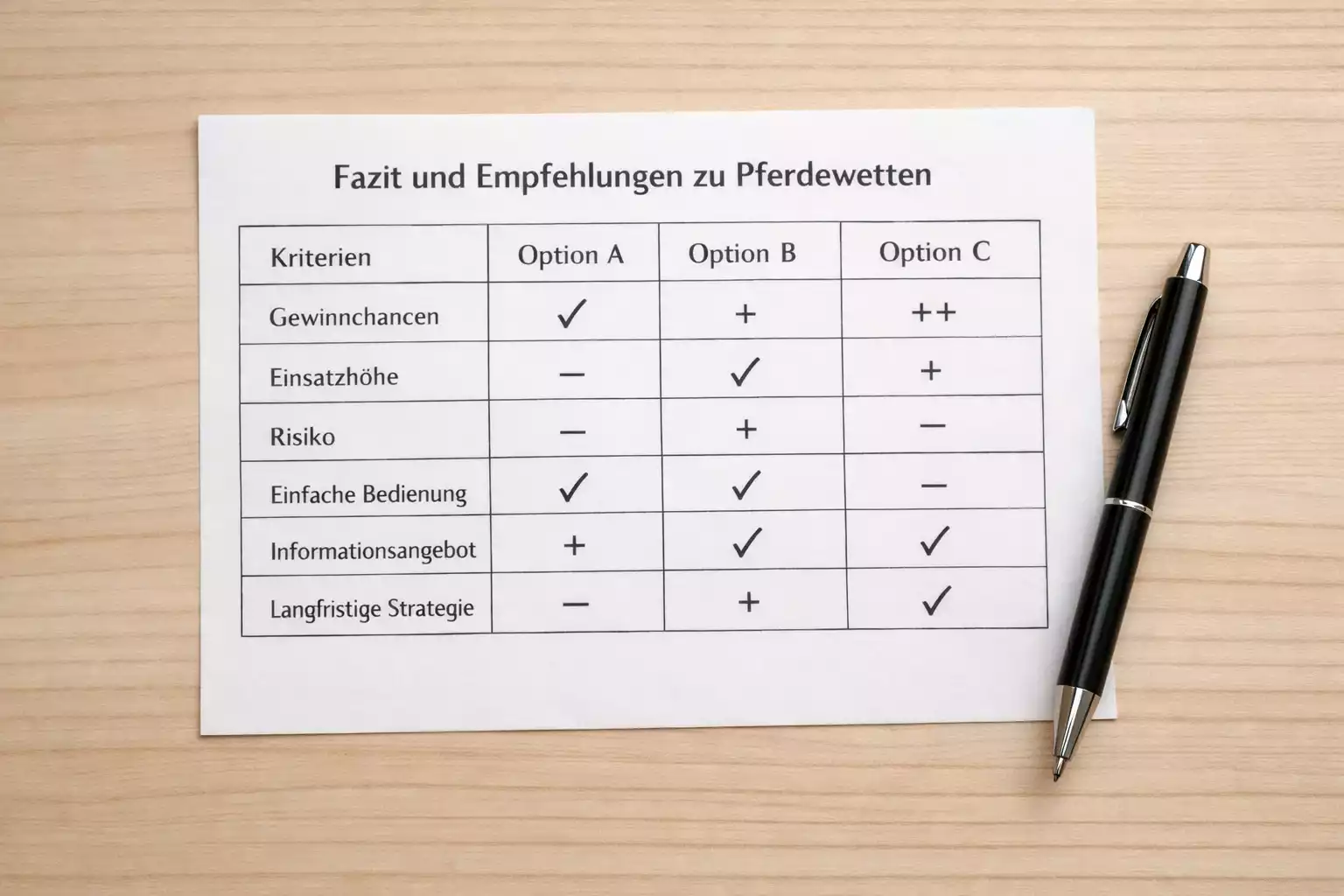 Vergleichstabelle auf Schreibtisch