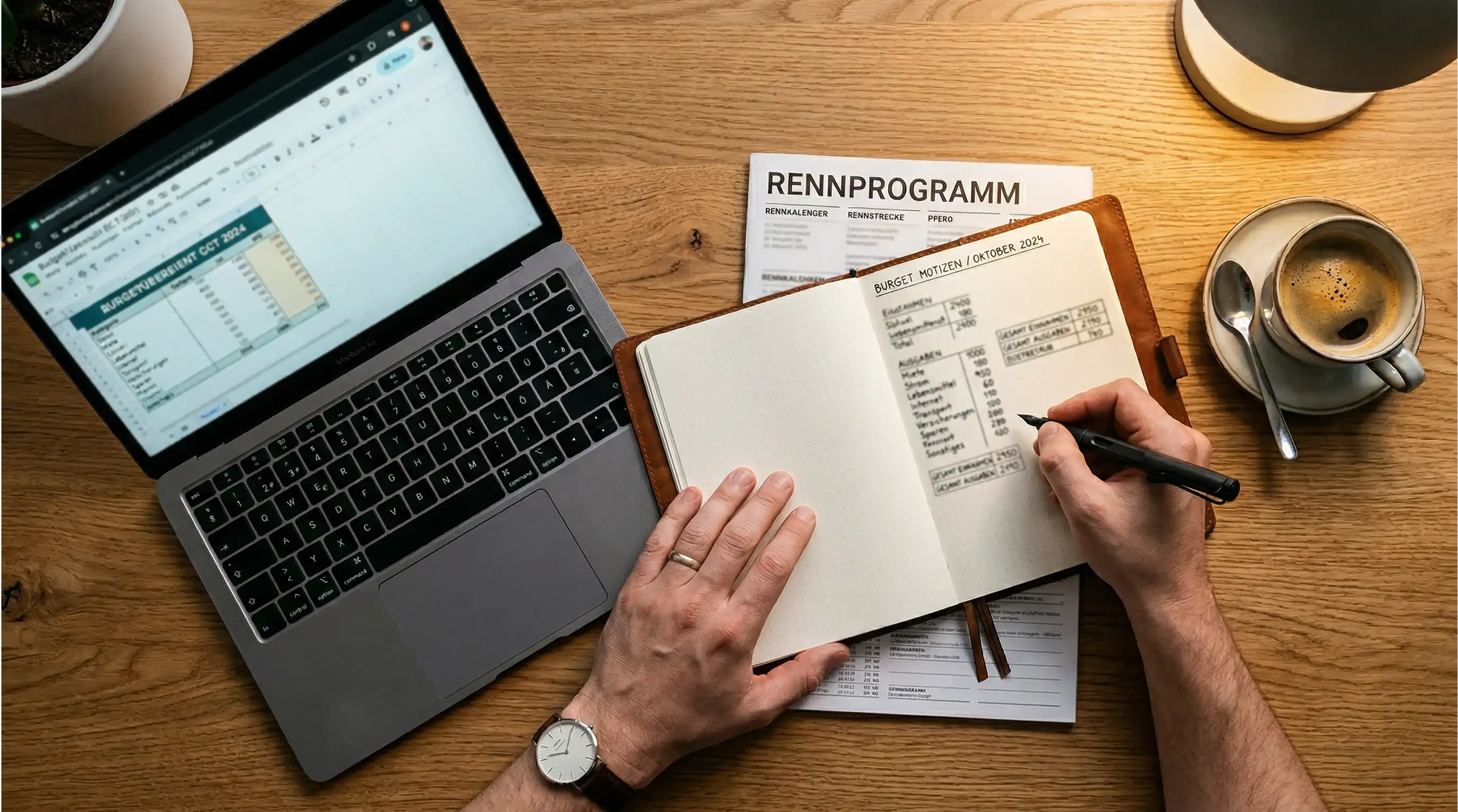 Person notiert Einsätze und Budgetplanung in ein Notizbuch neben einem Laptop