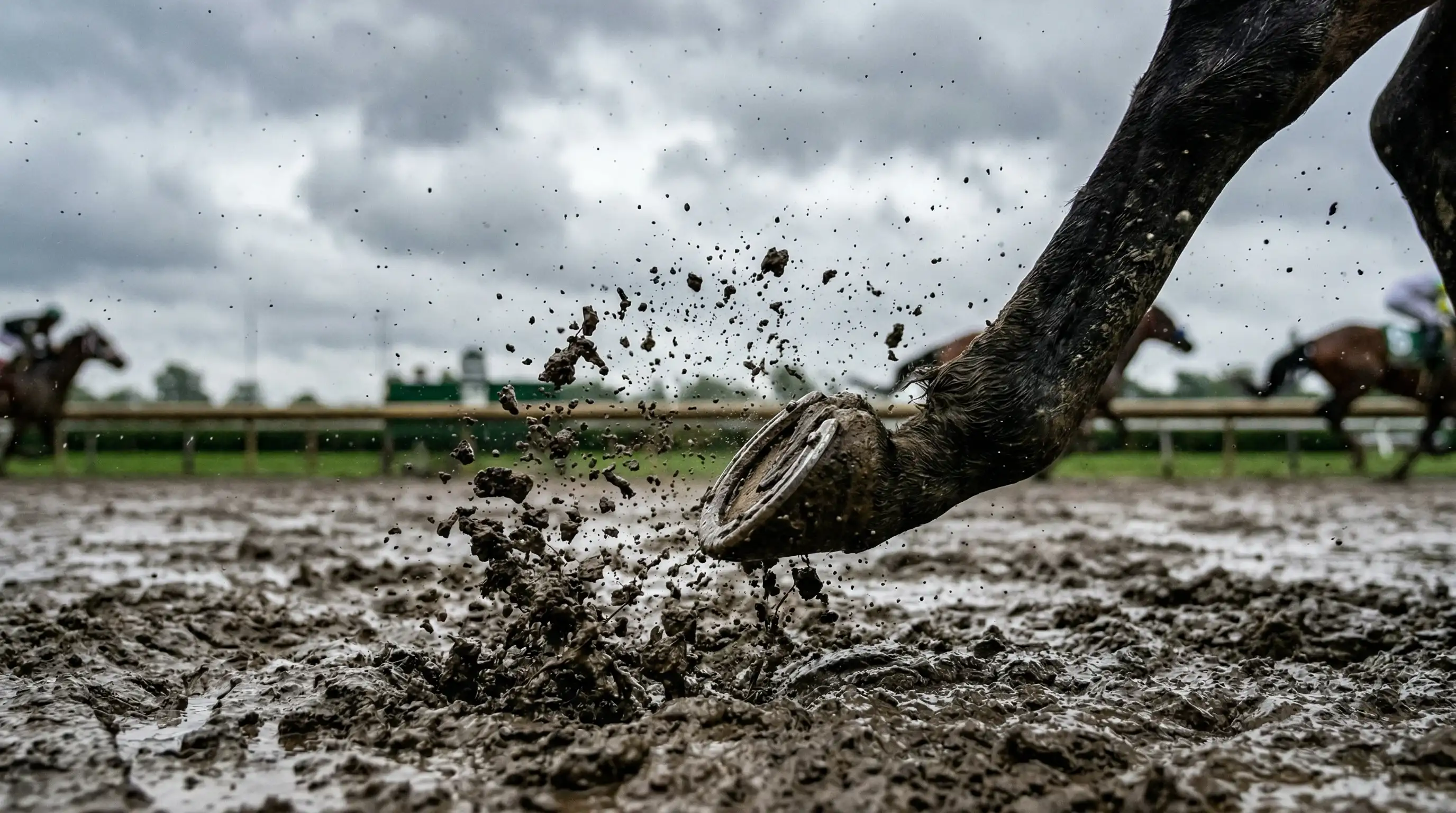 Pferdehufe auf aufgeweichtem Rennbahnboden bei leichtem Regen