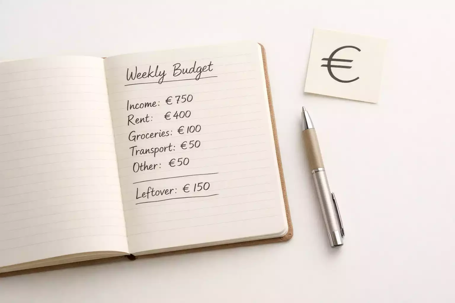 Notizbuch mit Stift und € Symbol für Budgetplanung