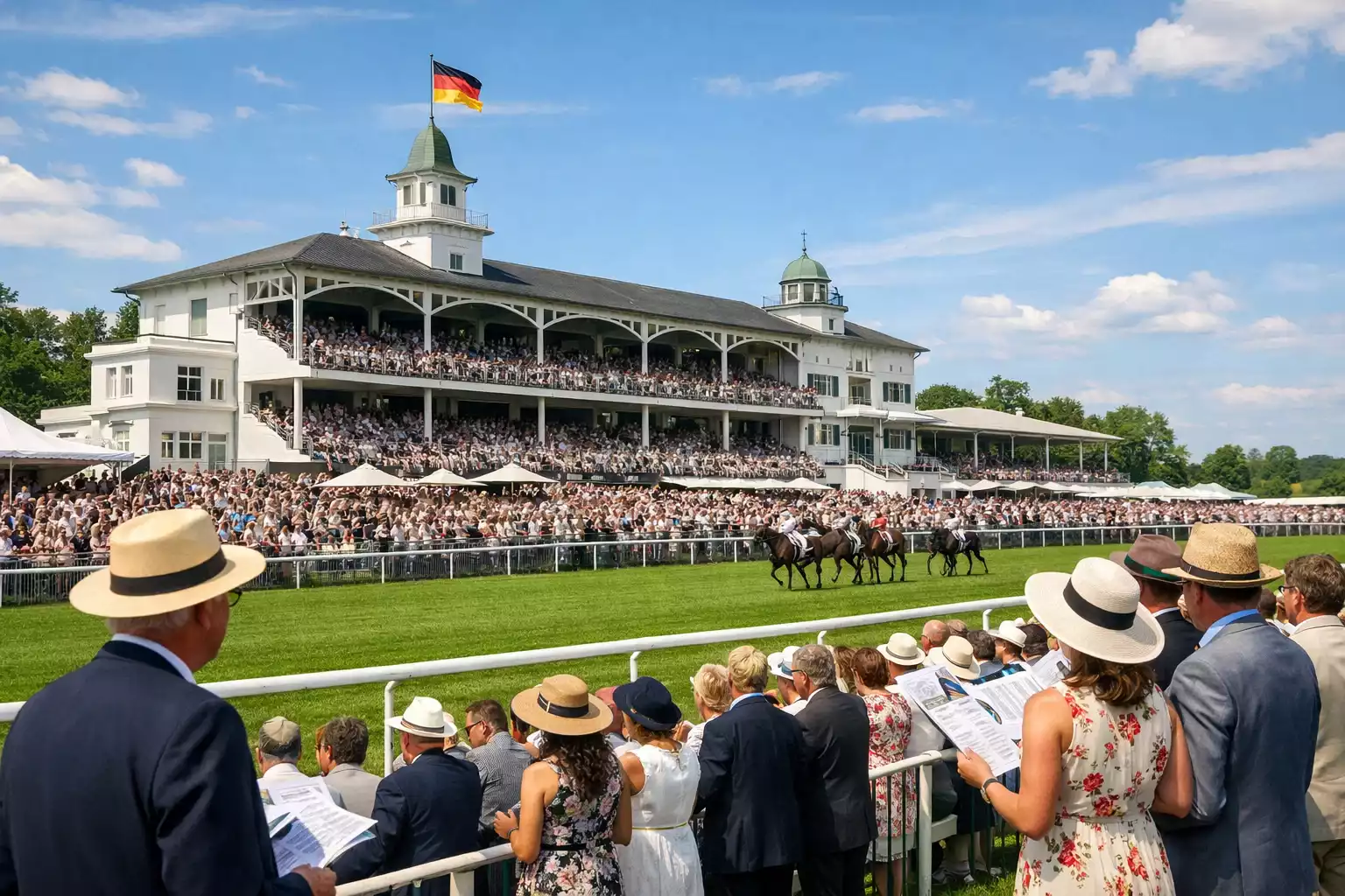 Elegante Tribüne einer deutschen Galopprennbahn mit Zuschauern