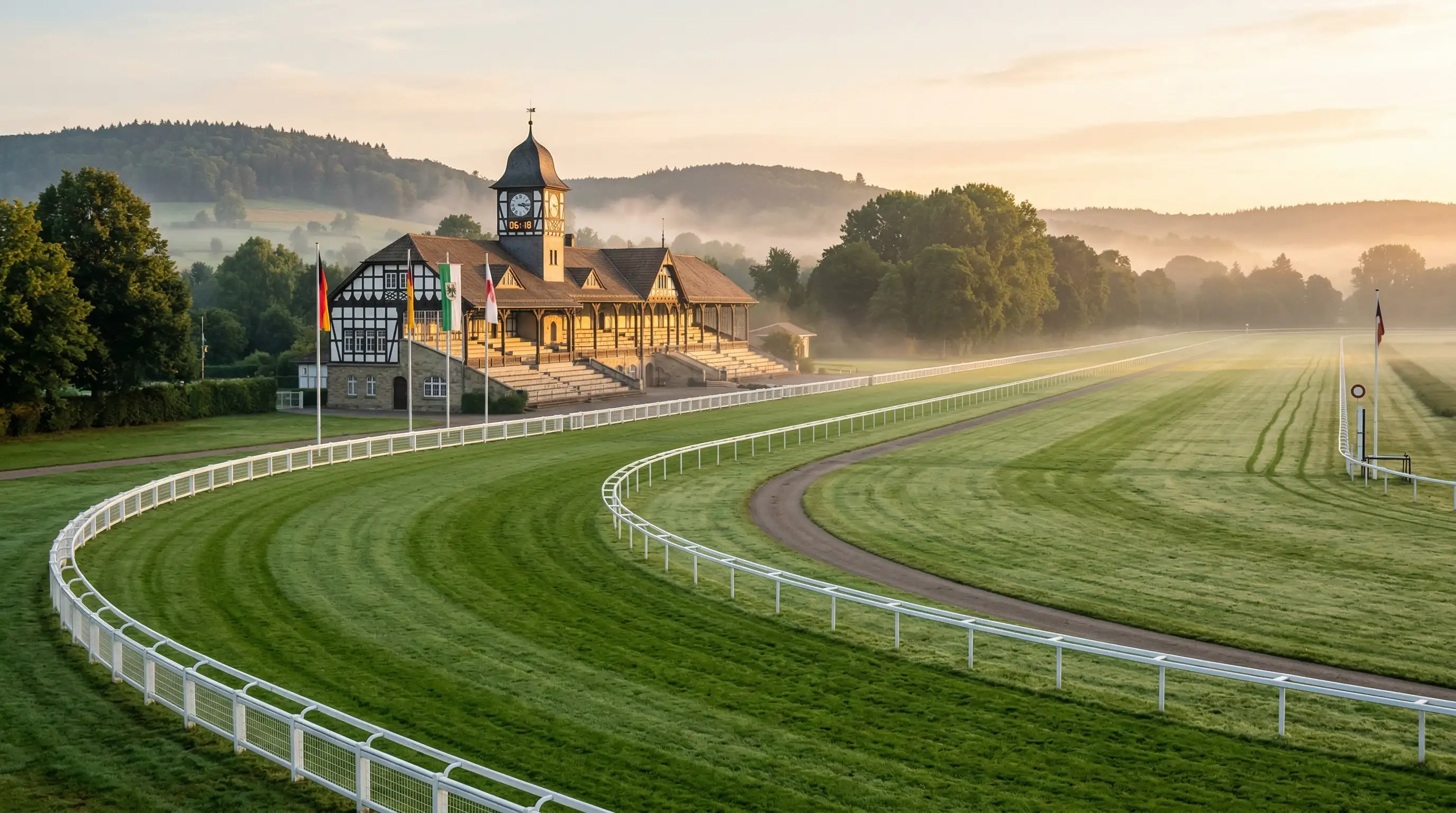 Panoramablick auf eine deutsche Galopprennbahn mit grünem Rasen und Tribüne