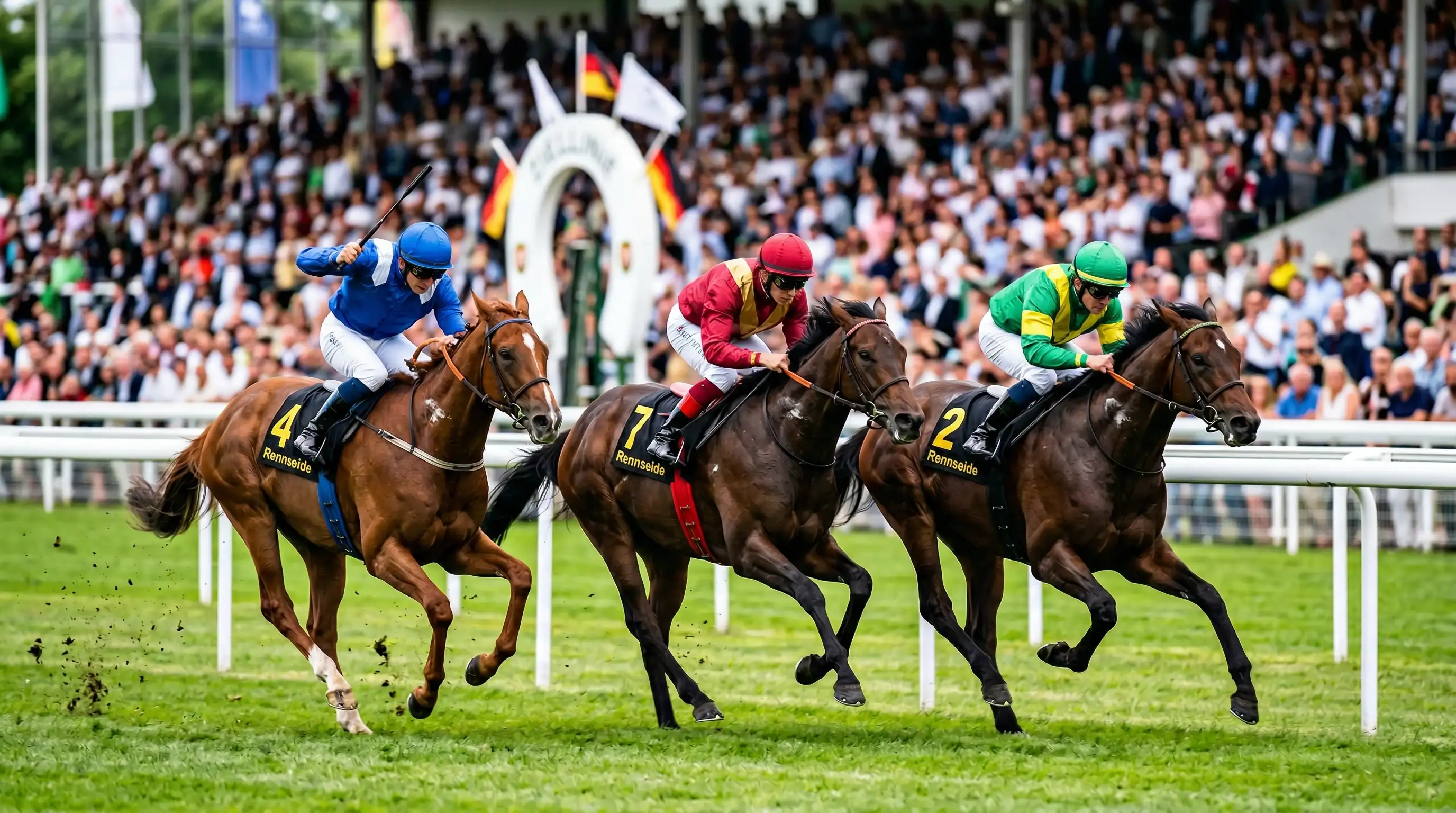 Vollblutpferde im Zieleinlauf beim Deutschen Derby in Hamburg-Horn