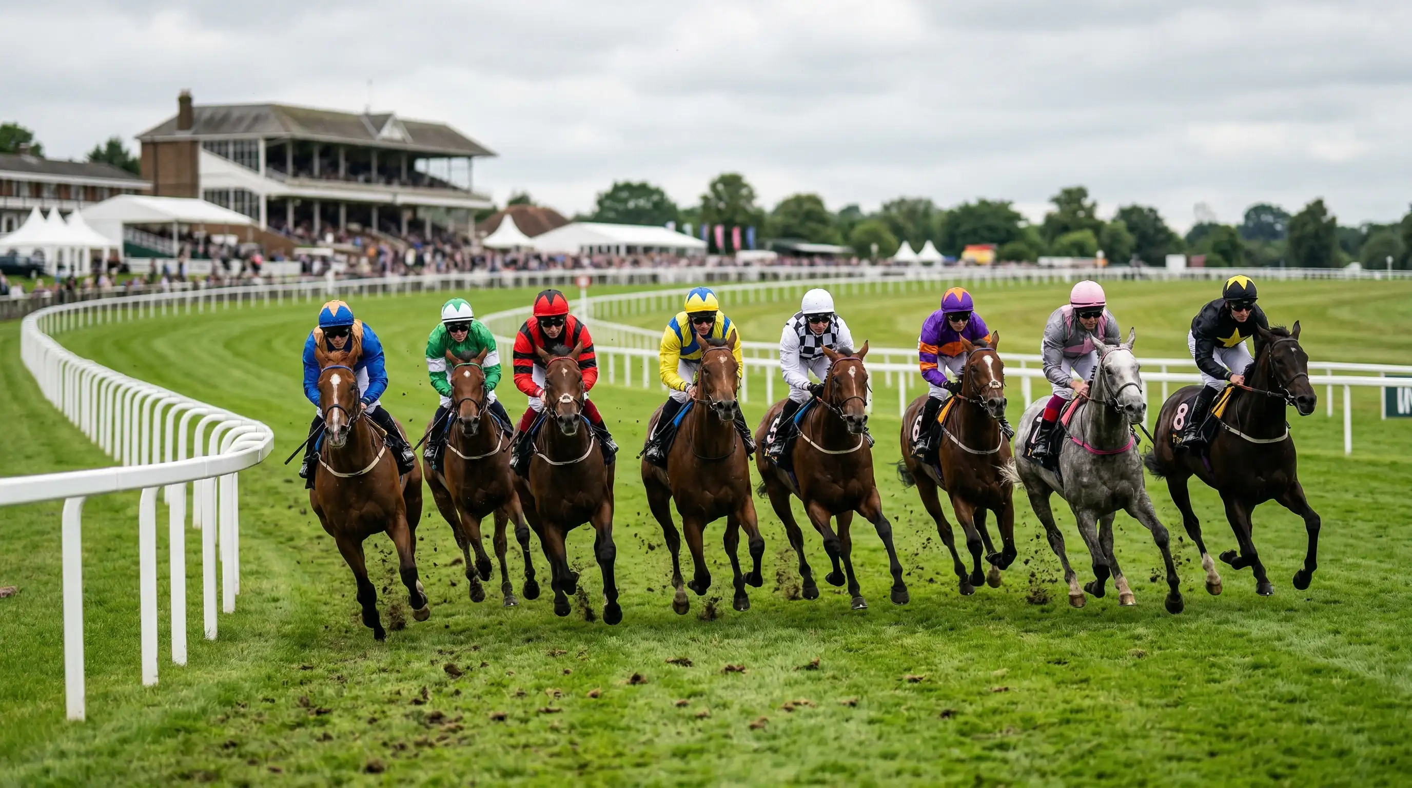 Pferdefeld auf einer britischen Rennbahn mit grünem Rasen bei bewölktem Himmel