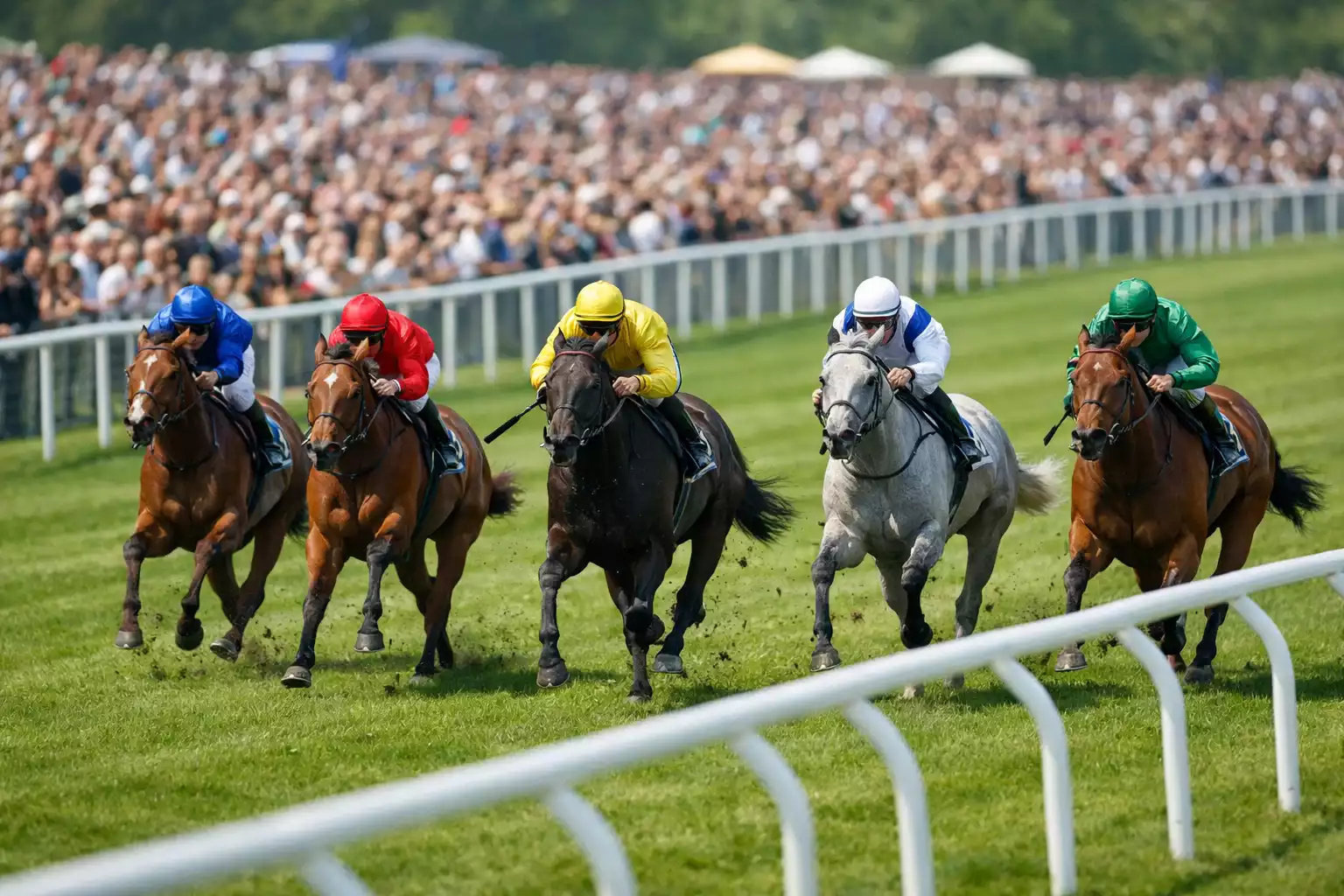 Pferde laufen durch die Zielgerade mit Zuschauern