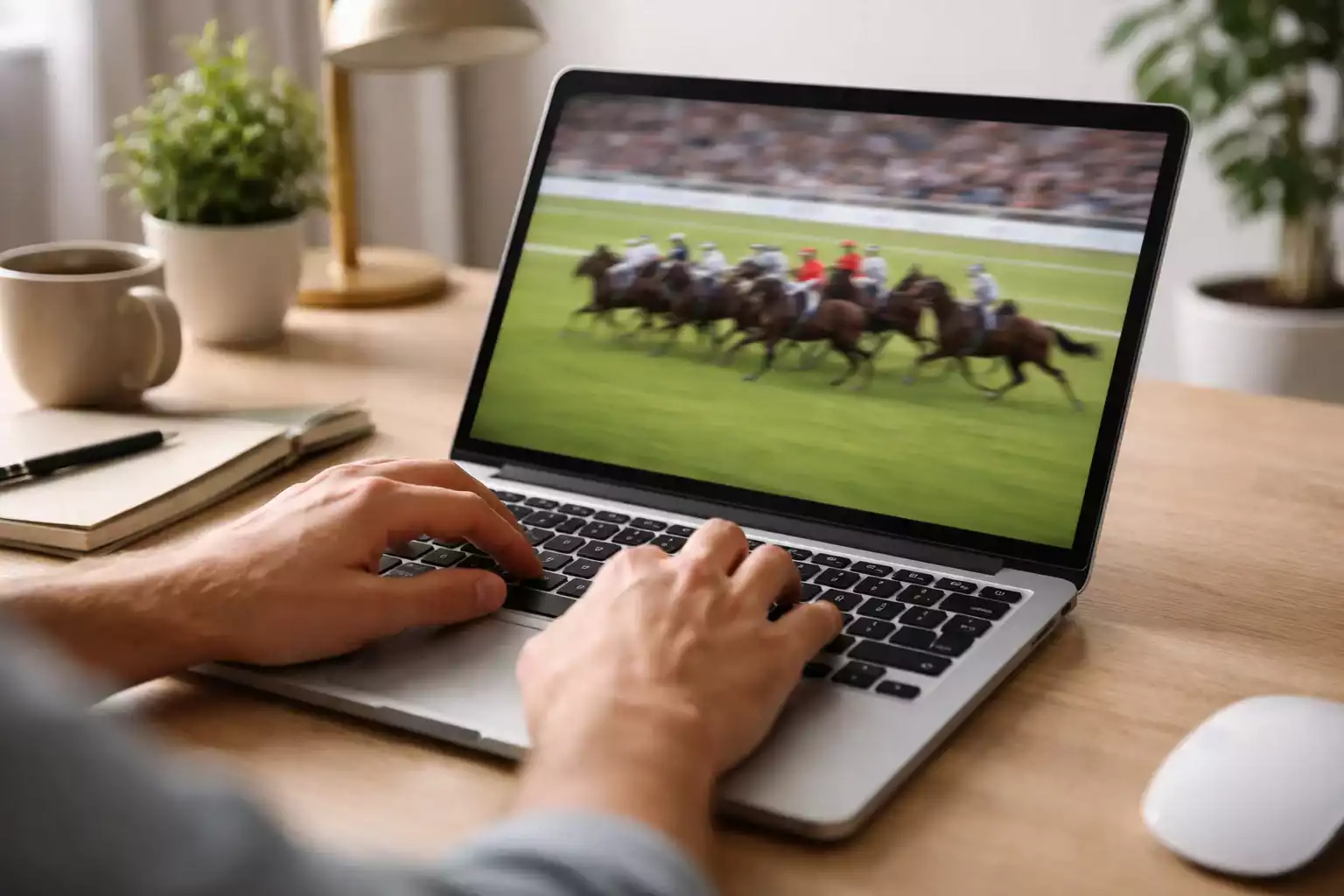 Person betrachtet Pferderennen auf Laptop-Bildschirm