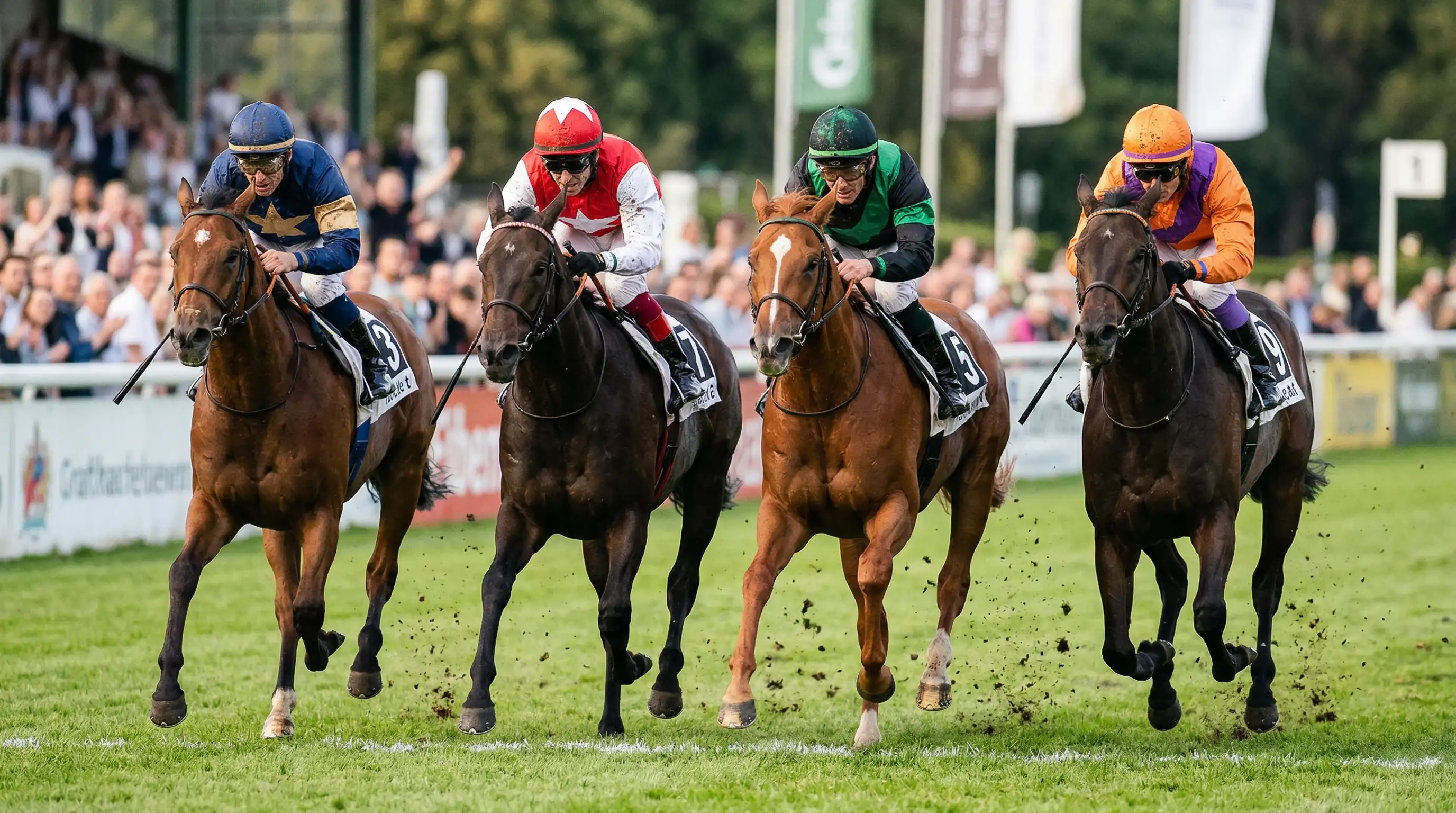 Vier Rennpferde in einer engen Zielankunft auf einer Galopprennbahn