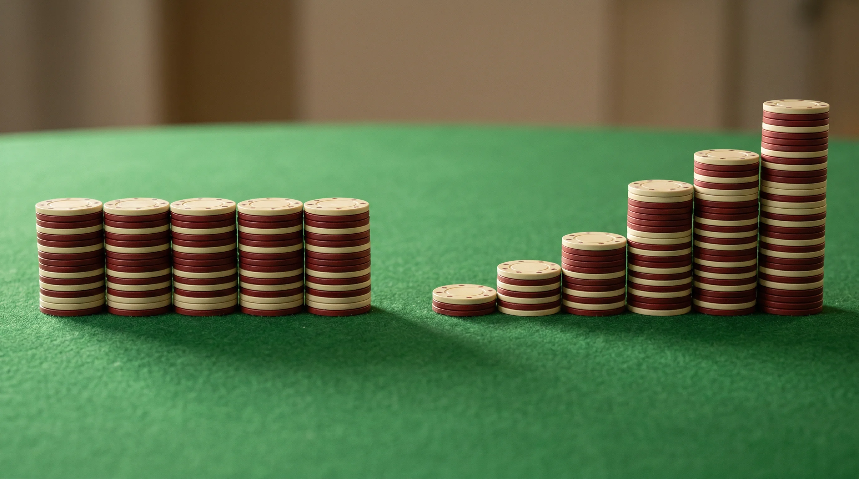Gleichmäßig gestapelte Jetons neben einer aufsteigenden Reihe von Jetons auf einem Tisch
