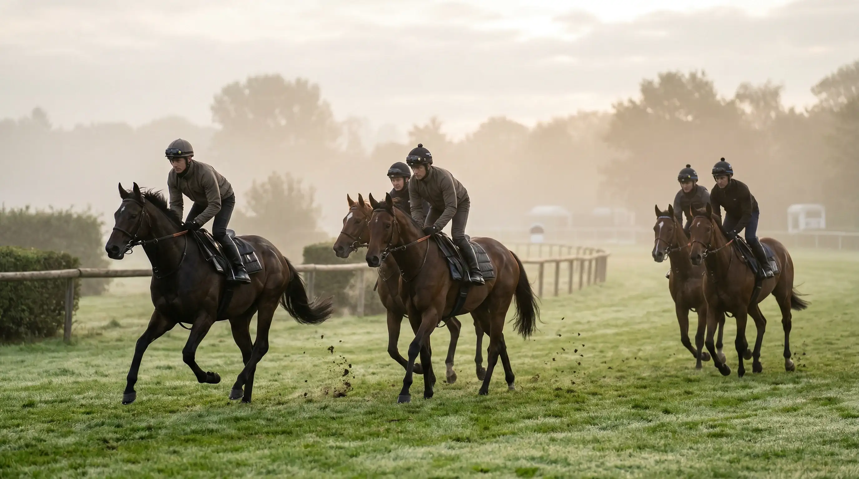 Rennpferde im Training am frühen Morgen auf einer nebligen Galopprennbahn