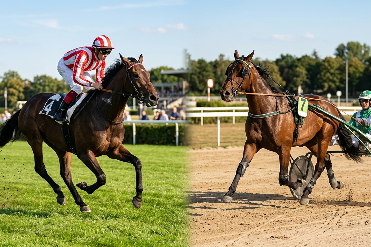Galopprennpferd und Traber mit Sulky nebeneinander auf der Rennbahn