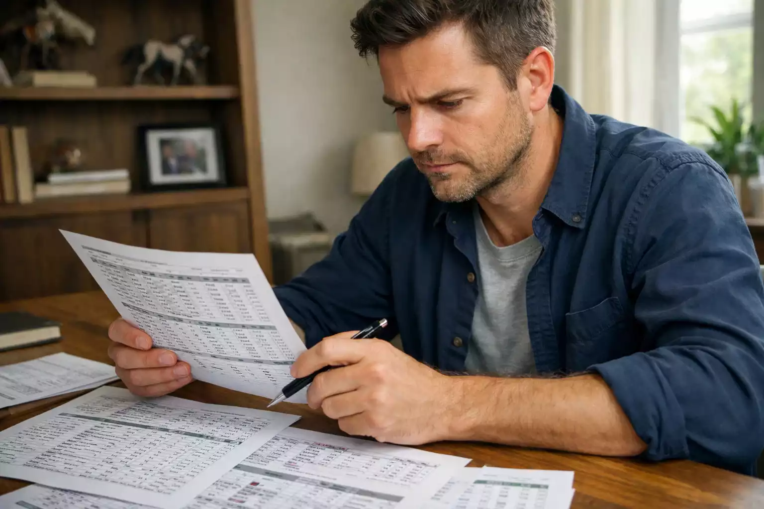 Konzentrierter Mann analysiert Sportergebnisse