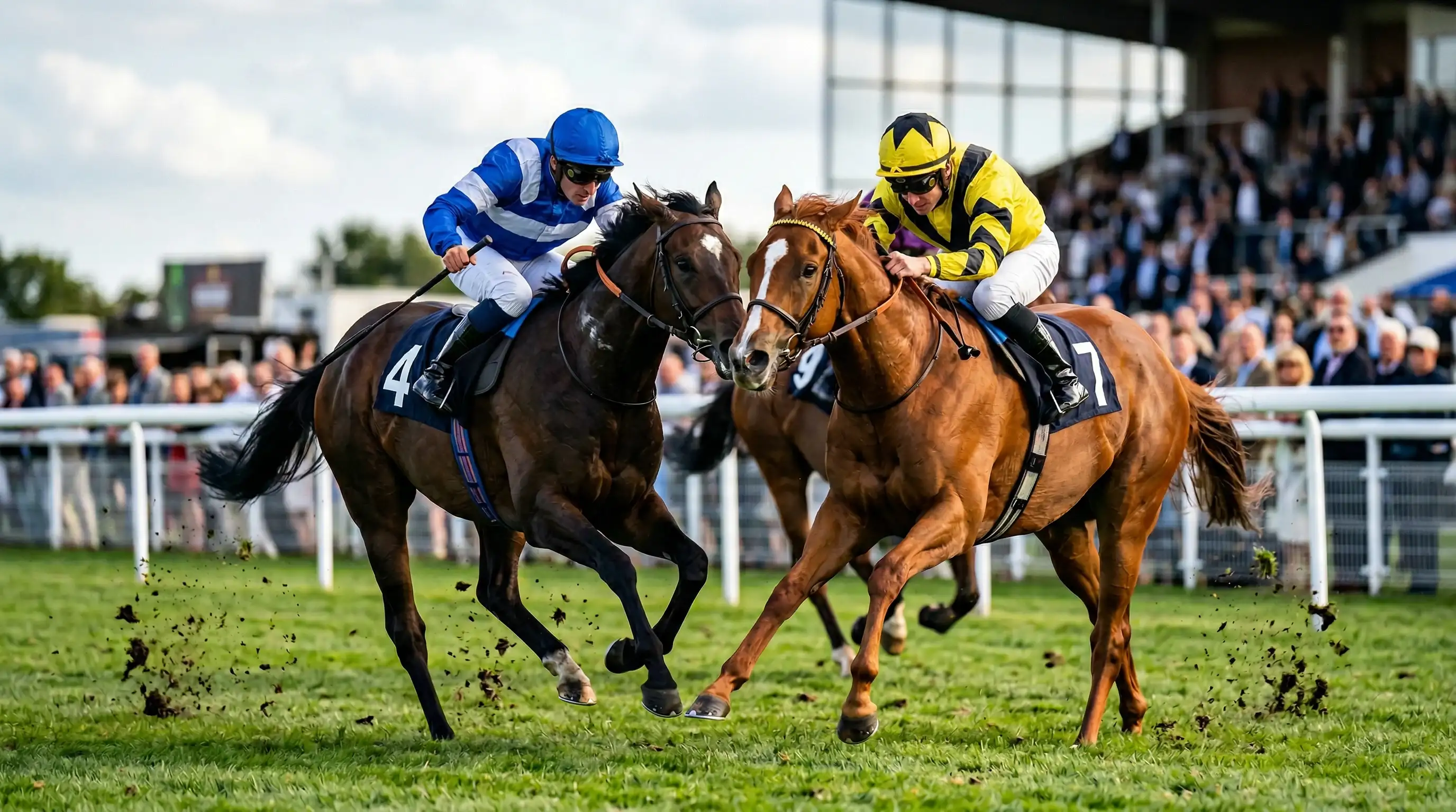 Zwei Rennpferde Kopf an Kopf im direkten Duell auf der Zielgeraden