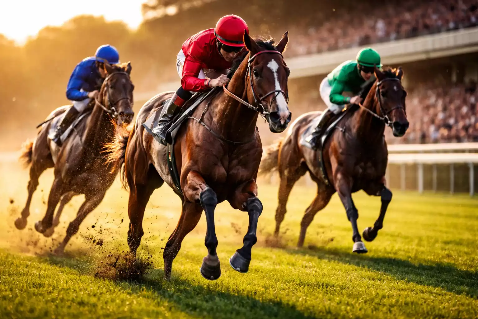 Galopprennen mit Vollblütern auf einer grünen Rennbahn bei Sonnenlicht