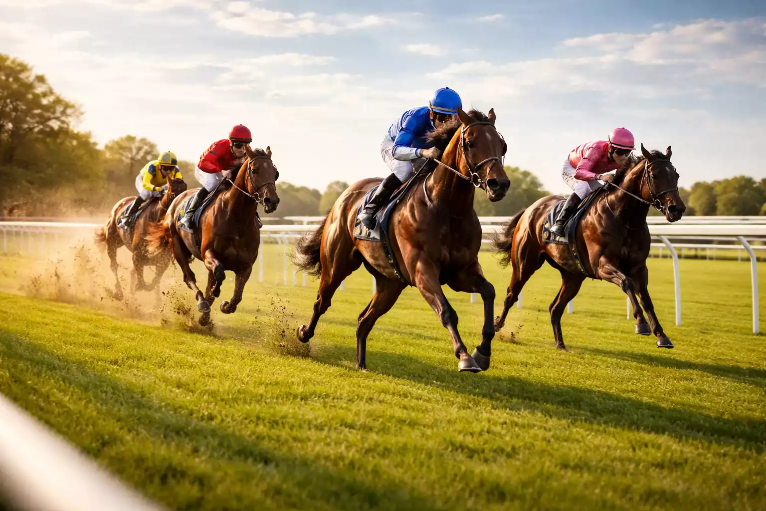 Galopprennbahn mit Pferden auf der Zielgeraden bei Sonnenschein