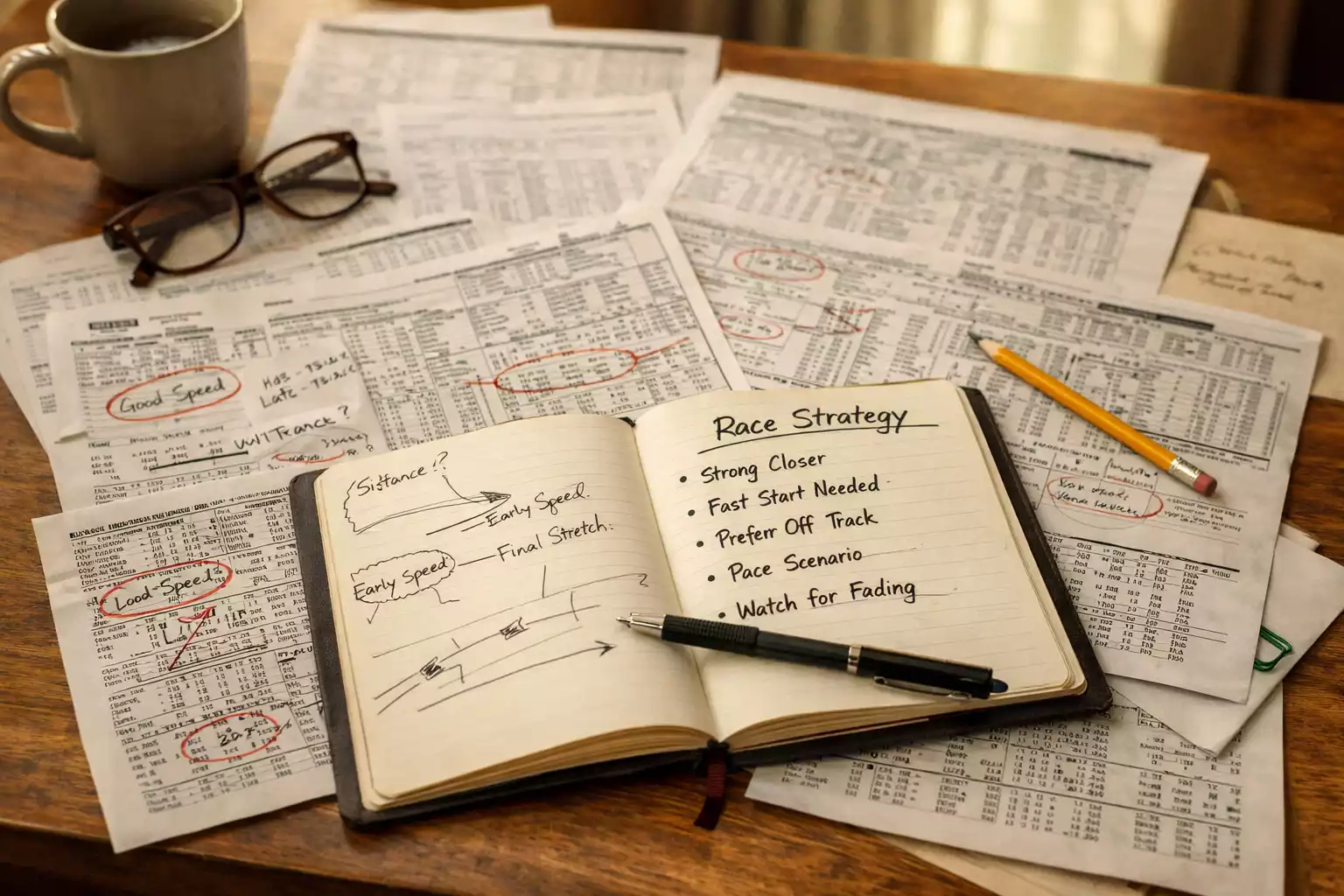 Analyse von Pferderenndaten auf Papier mit Notizen