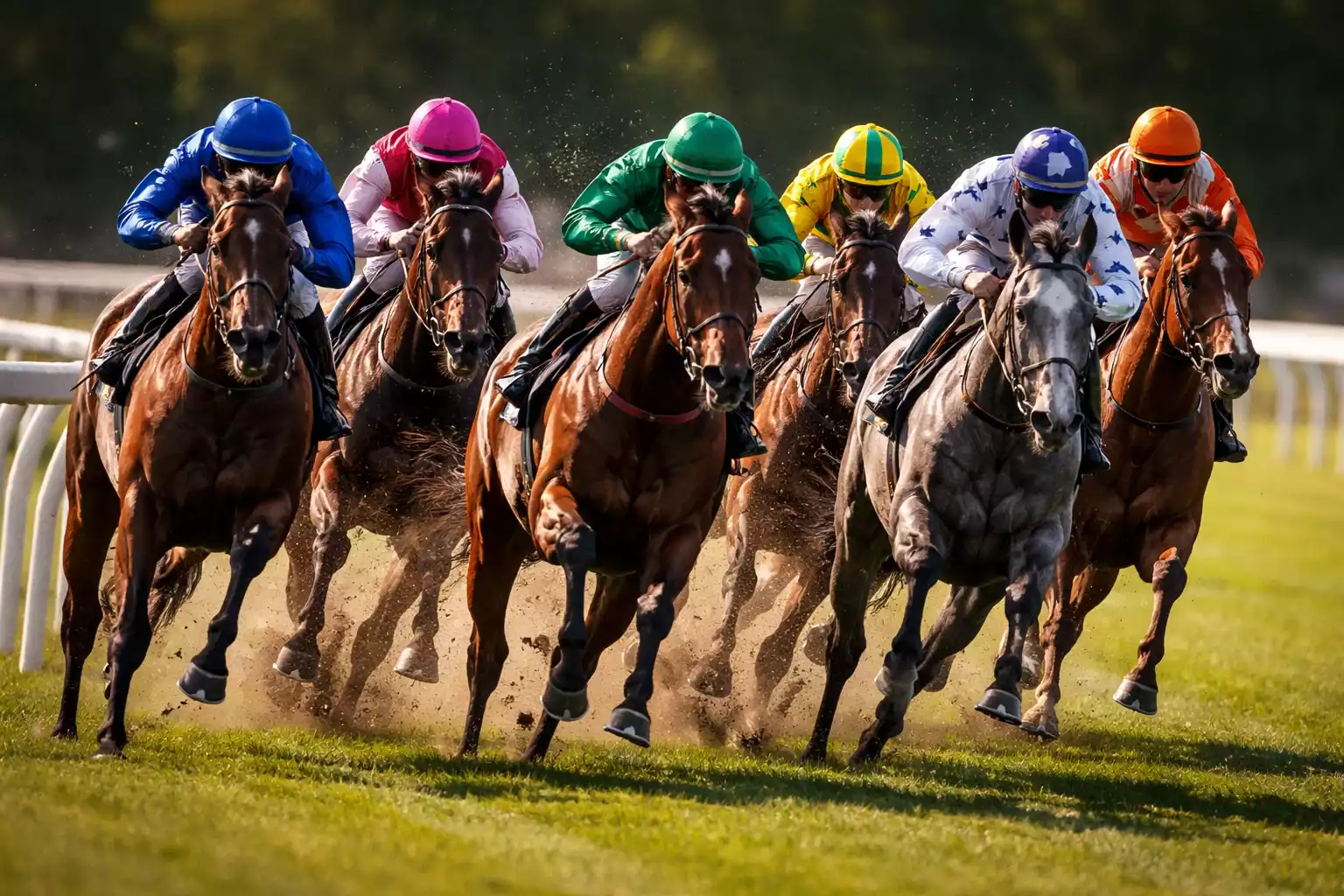 Pferderennen mit mehreren Jockeys in bunten Trikots auf der Bahn