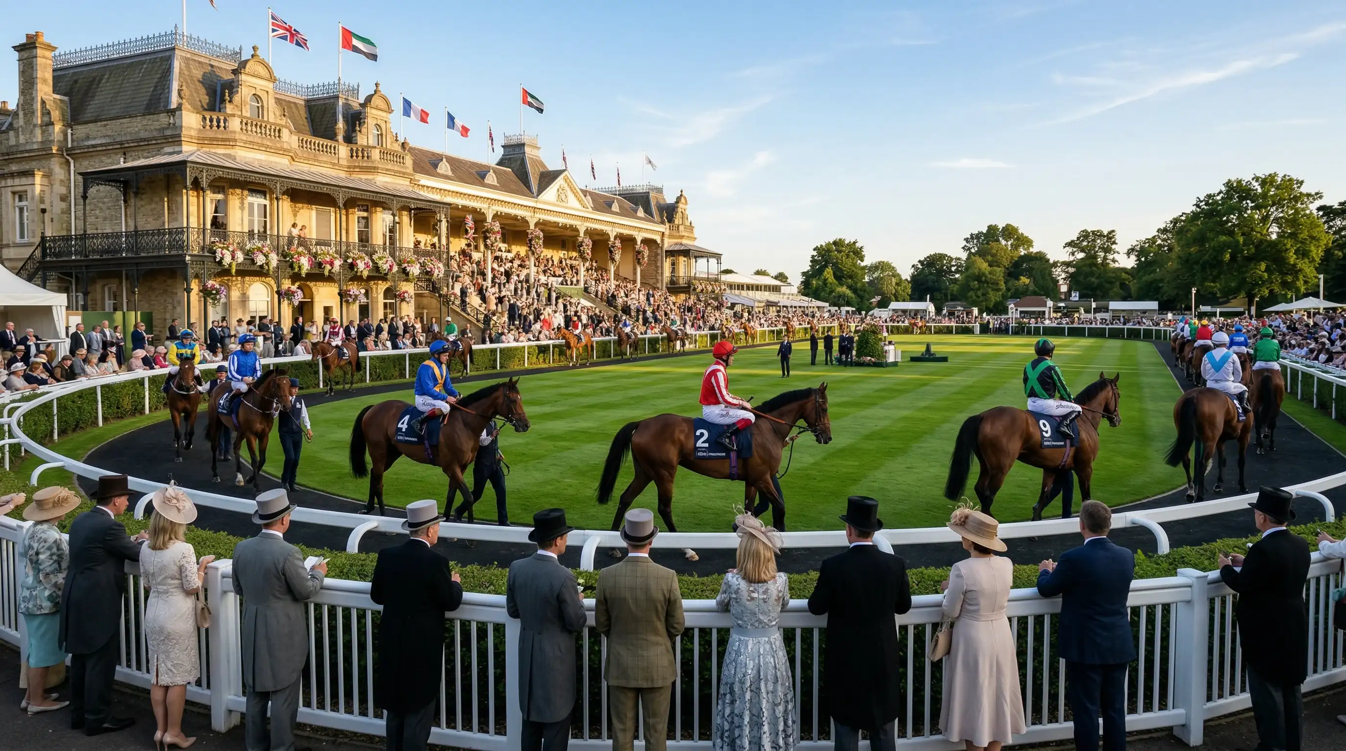 Elegante Zuschauer und Pferde beim Einlauf auf einer internationalen Rennbahn