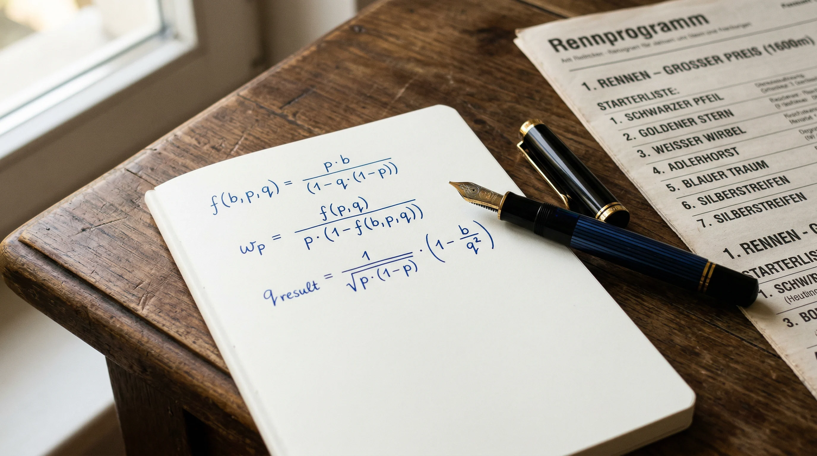 Handgeschriebene mathematische Formel auf einem Notizblock neben einem Rennprogramm