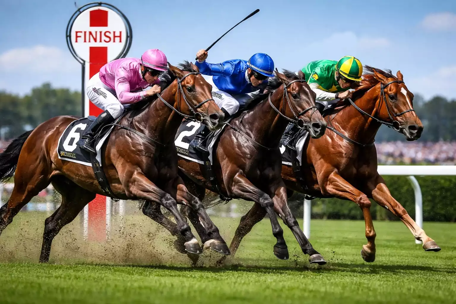 Drei Pferde nebeneinander im Rennfinish