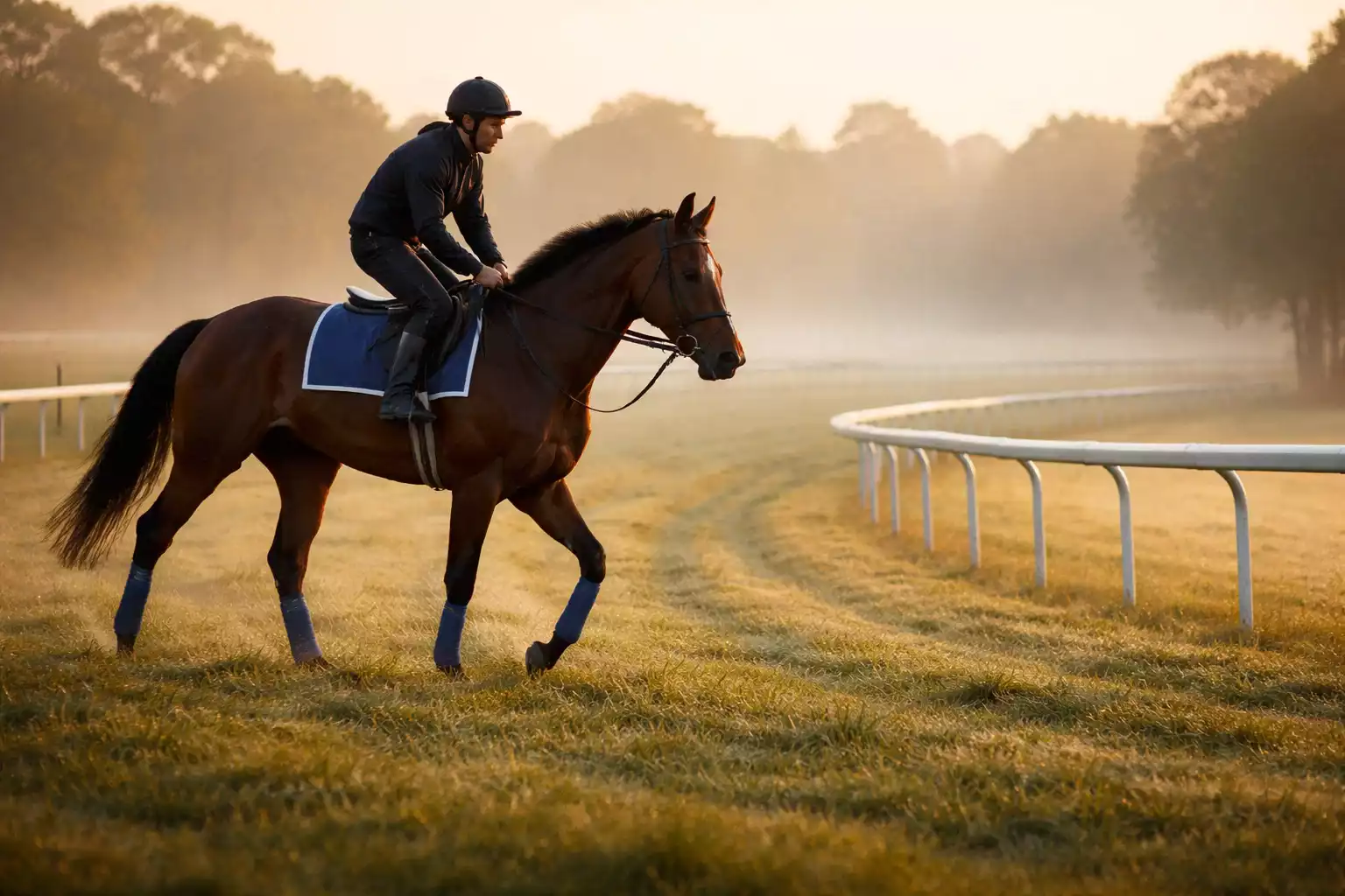 Pferd im Training auf der Bahn am Morgen