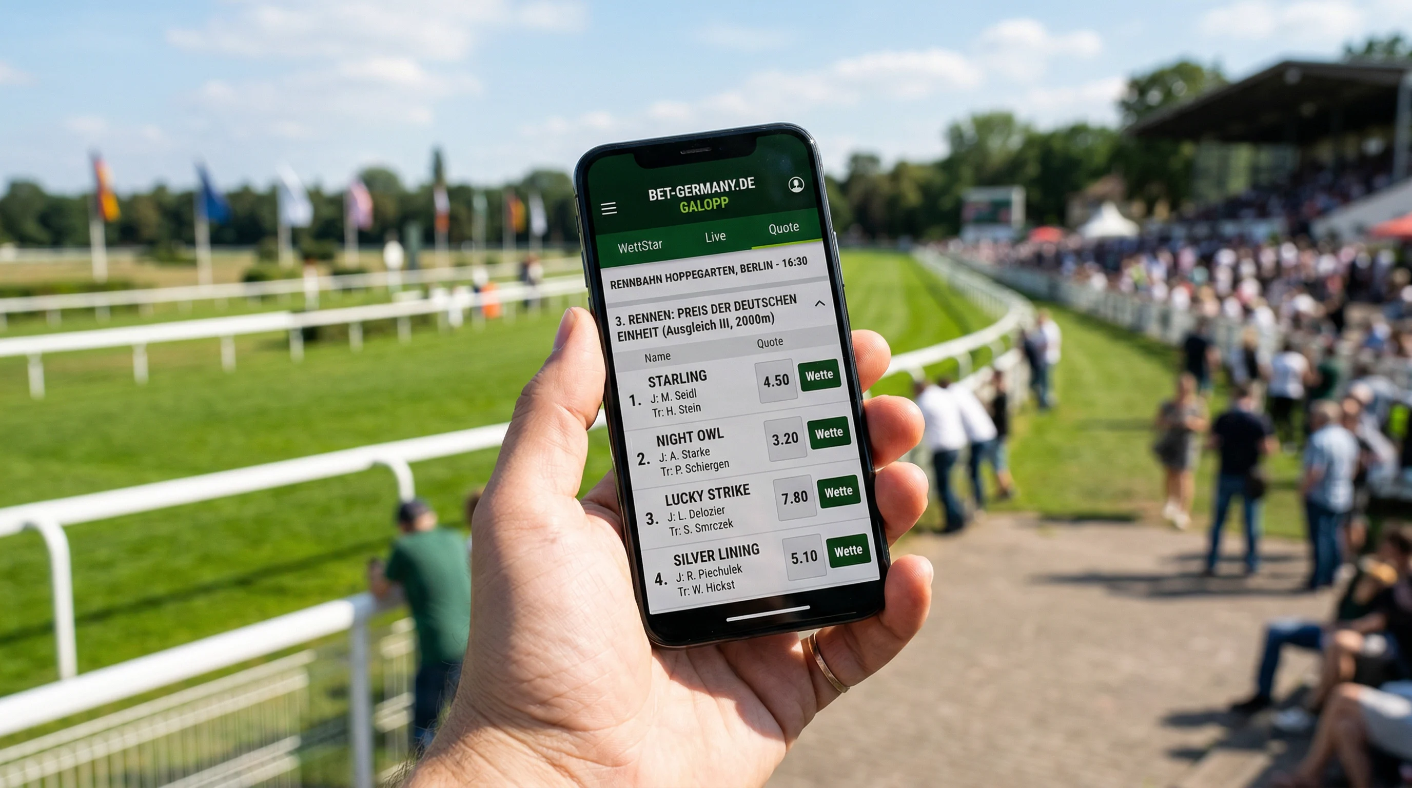 Smartphone zeigt eine Pferdewetten-App vor dem Hintergrund einer Rennbahn