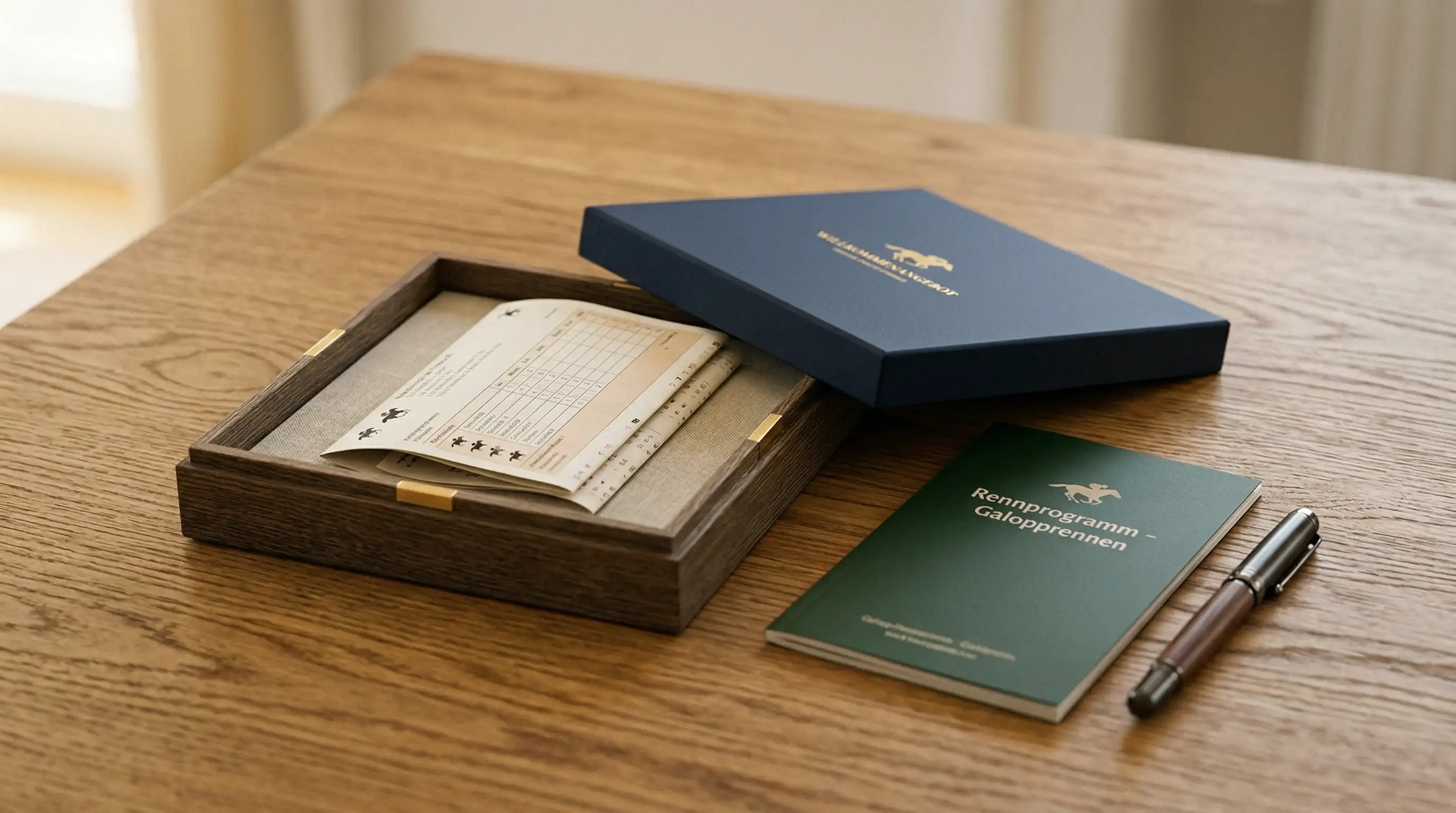 Geschenkbox mit einem Wettschein und einem Rennprogramm auf einem Tisch