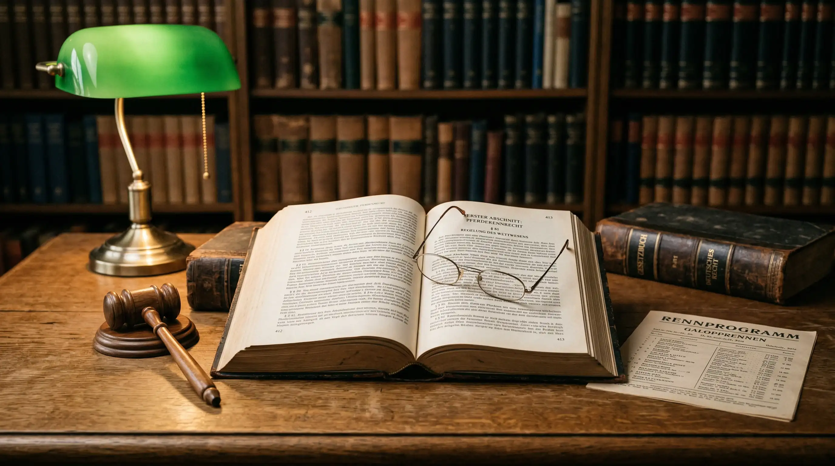 Gesetzbuch und Richterhammer neben einem Rennprogramm auf einem Schreibtisch