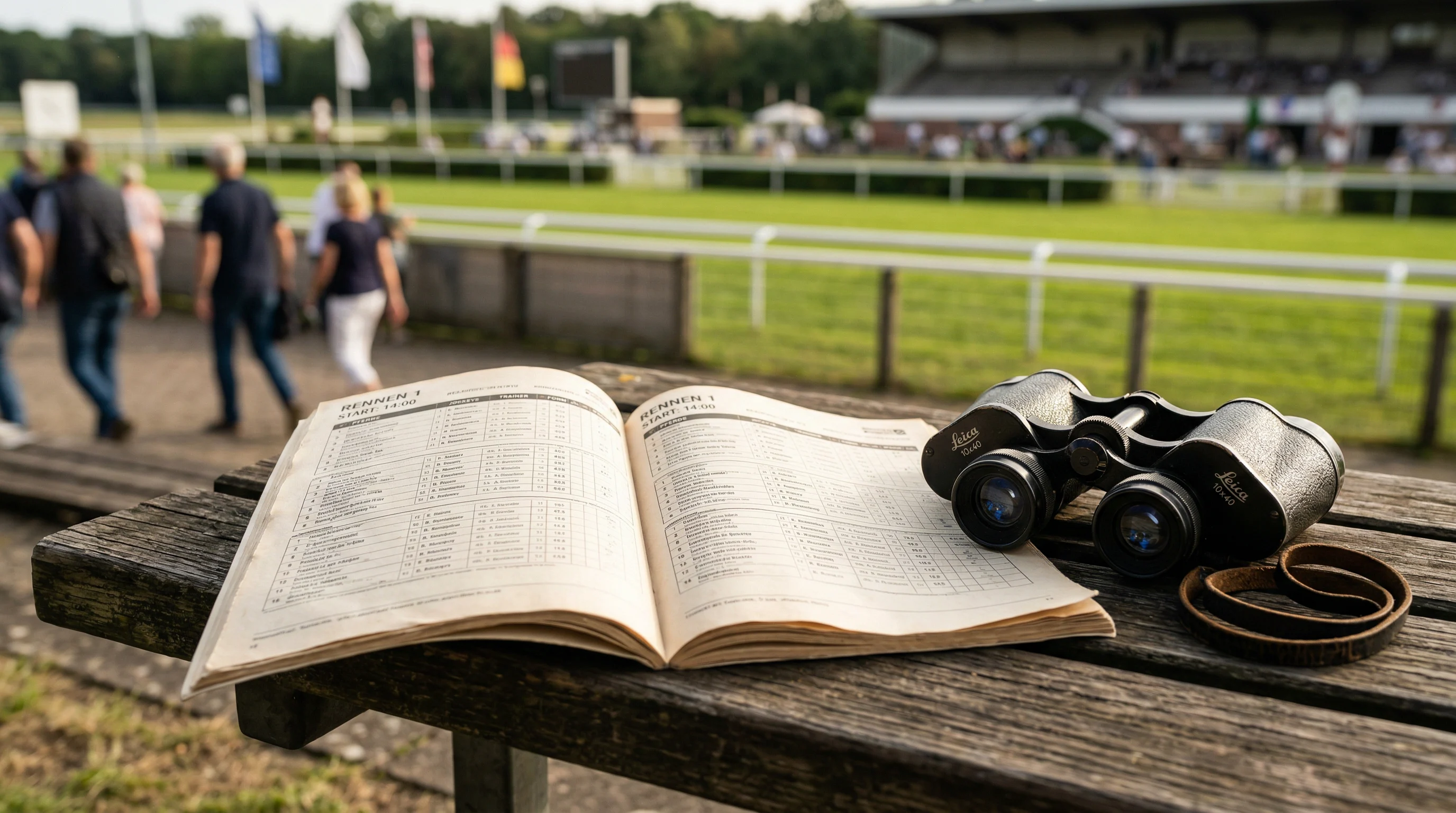 Aufgeschlagenes Rennprogramm neben einem Fernglas auf einer Rennbahn-Tribüne