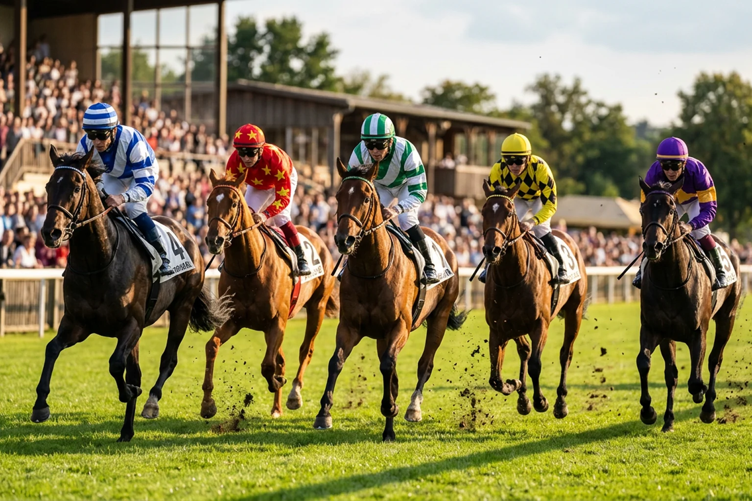 Pferde galoppieren auf einer Rennbahn bei Sonnenlicht