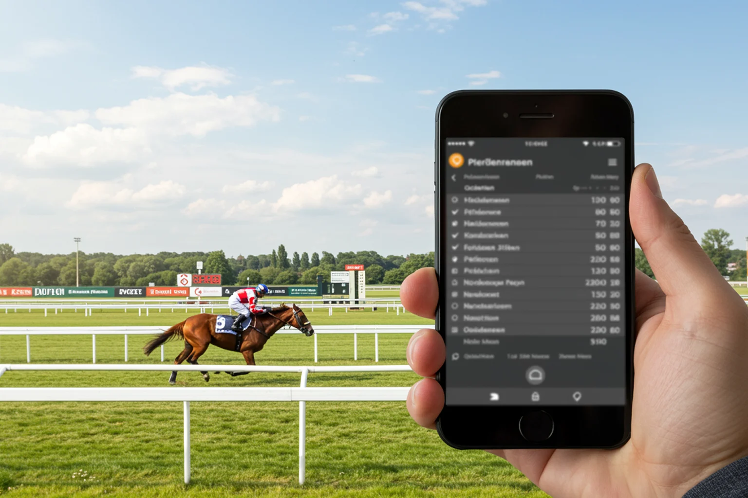 Person hält ein Smartphone mit einer Pferderennen-Wettseite vor einer Rennbahn
