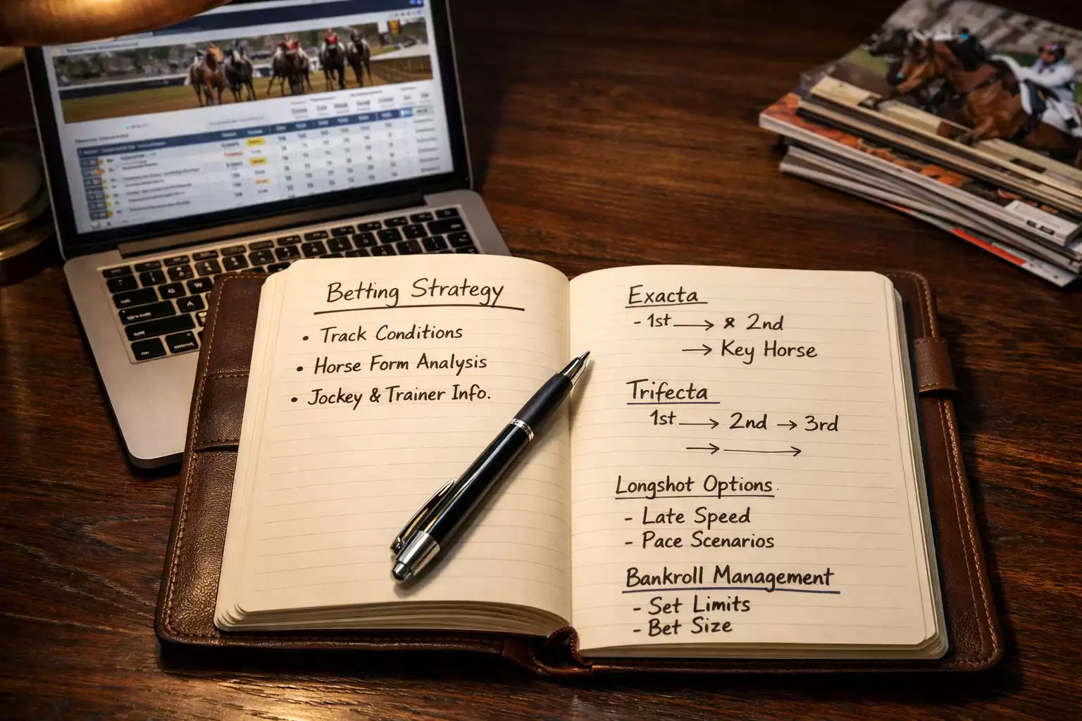 Notizbuch mit Wettstrategie-Notizen neben einem Laptop mit Rennprogramm