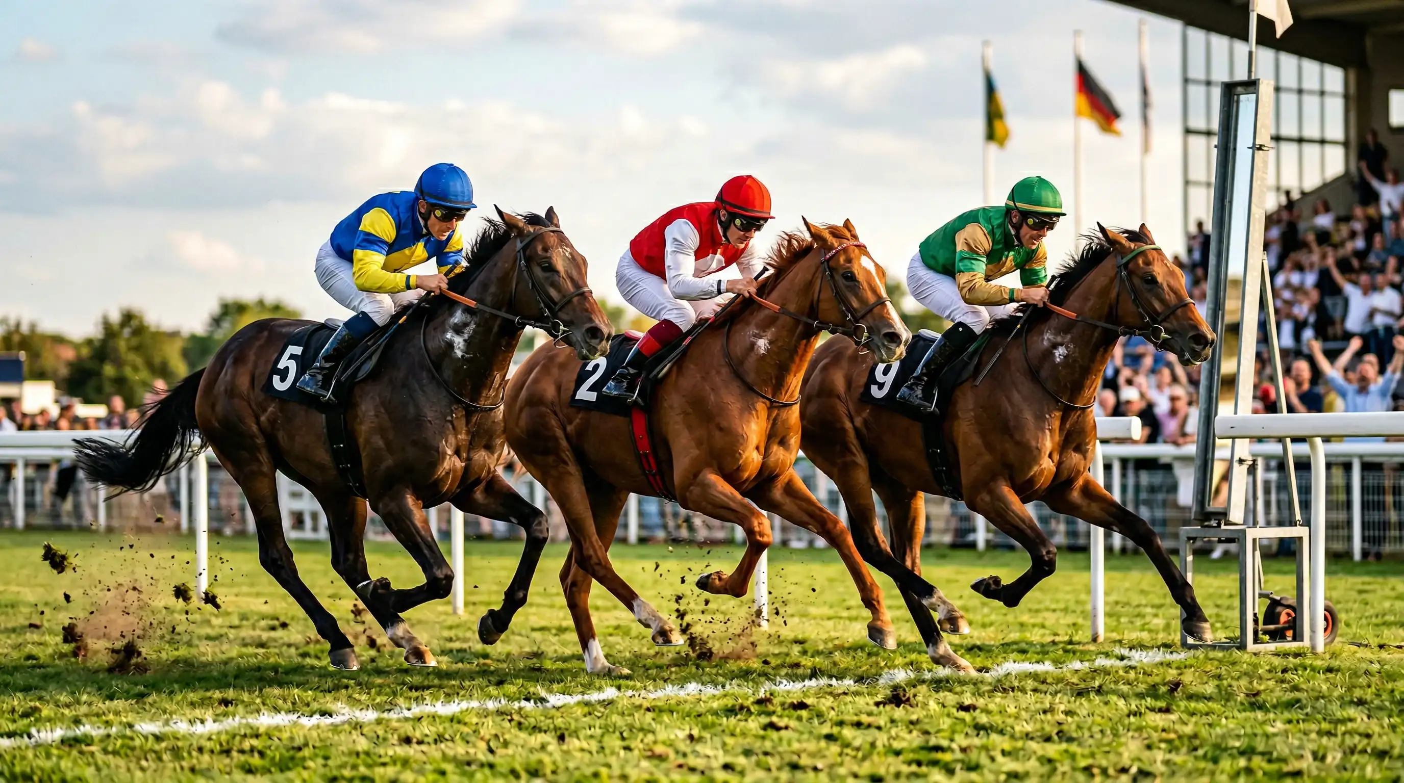 Drei Rennpferde kämpfen dicht beieinander um die vorderen Plätze im Zieleinlauf