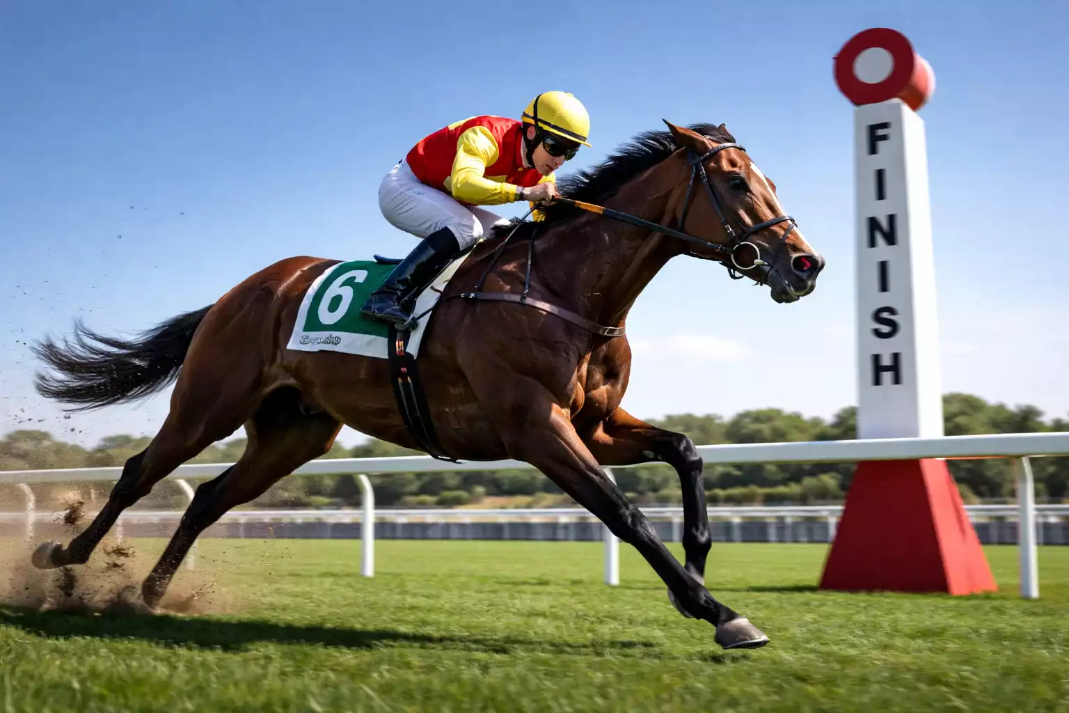 Jockey auf Pferd überquert Ziellinie