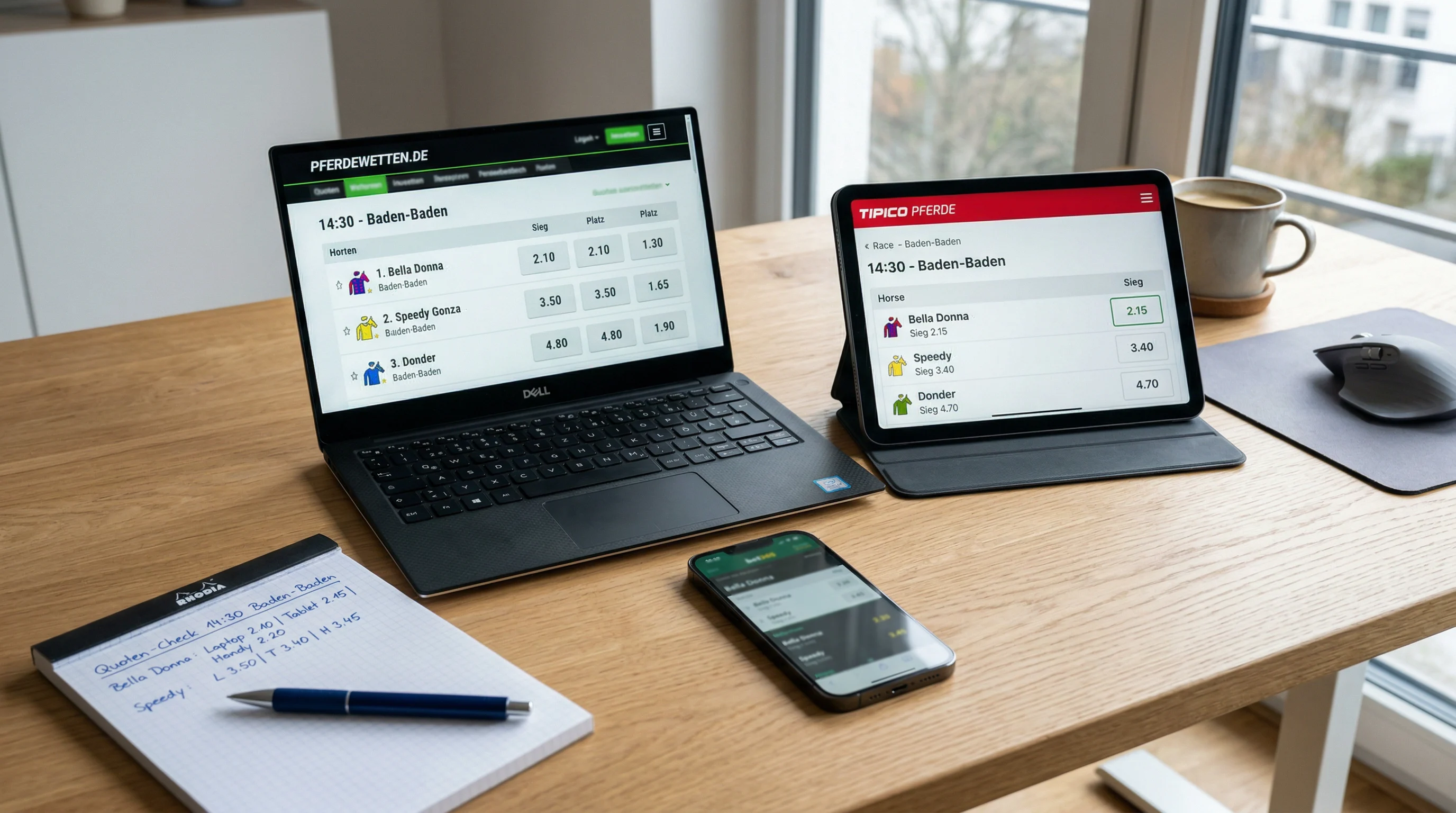 Mehrere Bildschirme zeigen verschiedene Wettanbieter-Quoten für ein Pferderennen