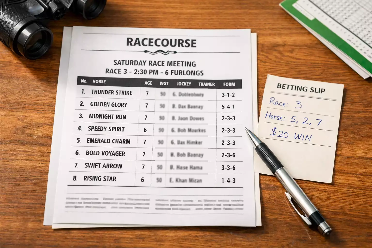 Racecard und Wettschein auf einem Holztisch