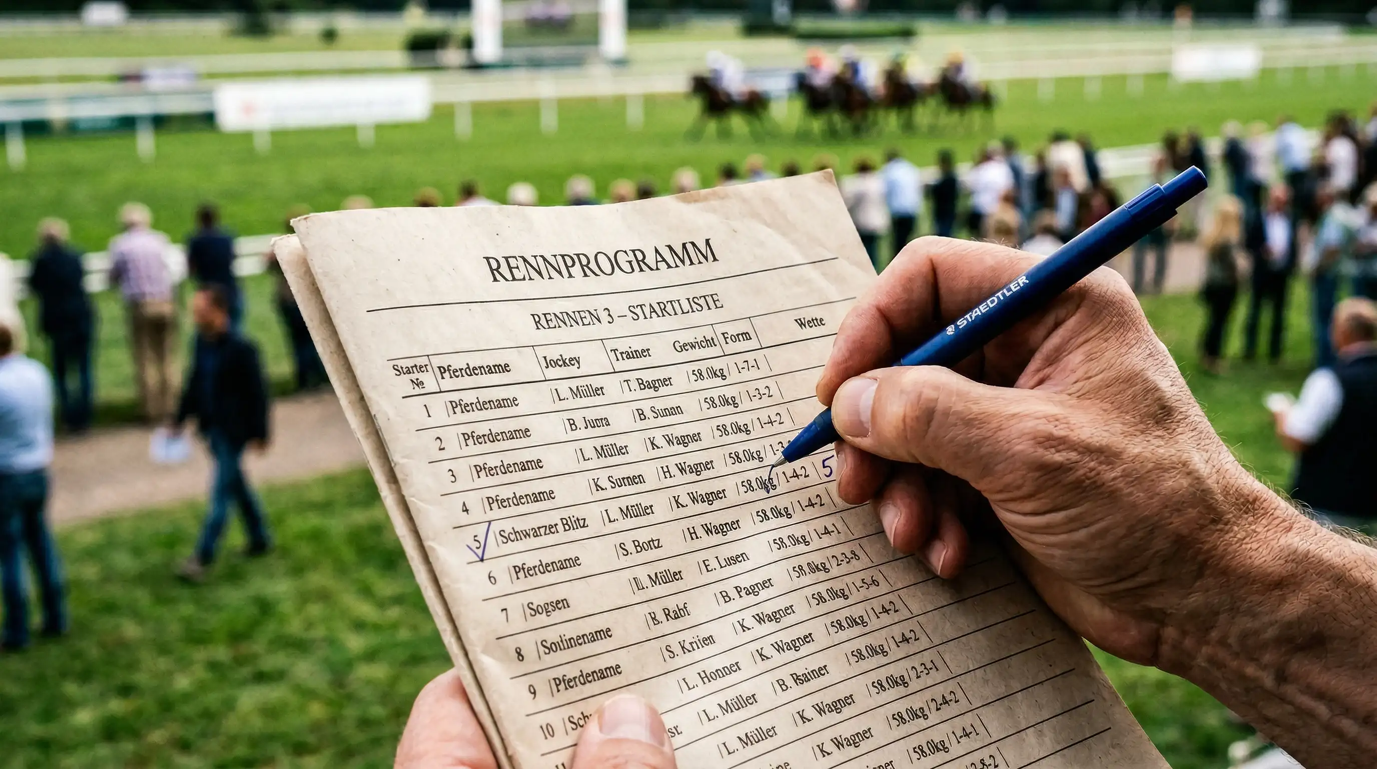 Detailansicht einer gedruckten Racecard mit Formziffern und Pferdenamen