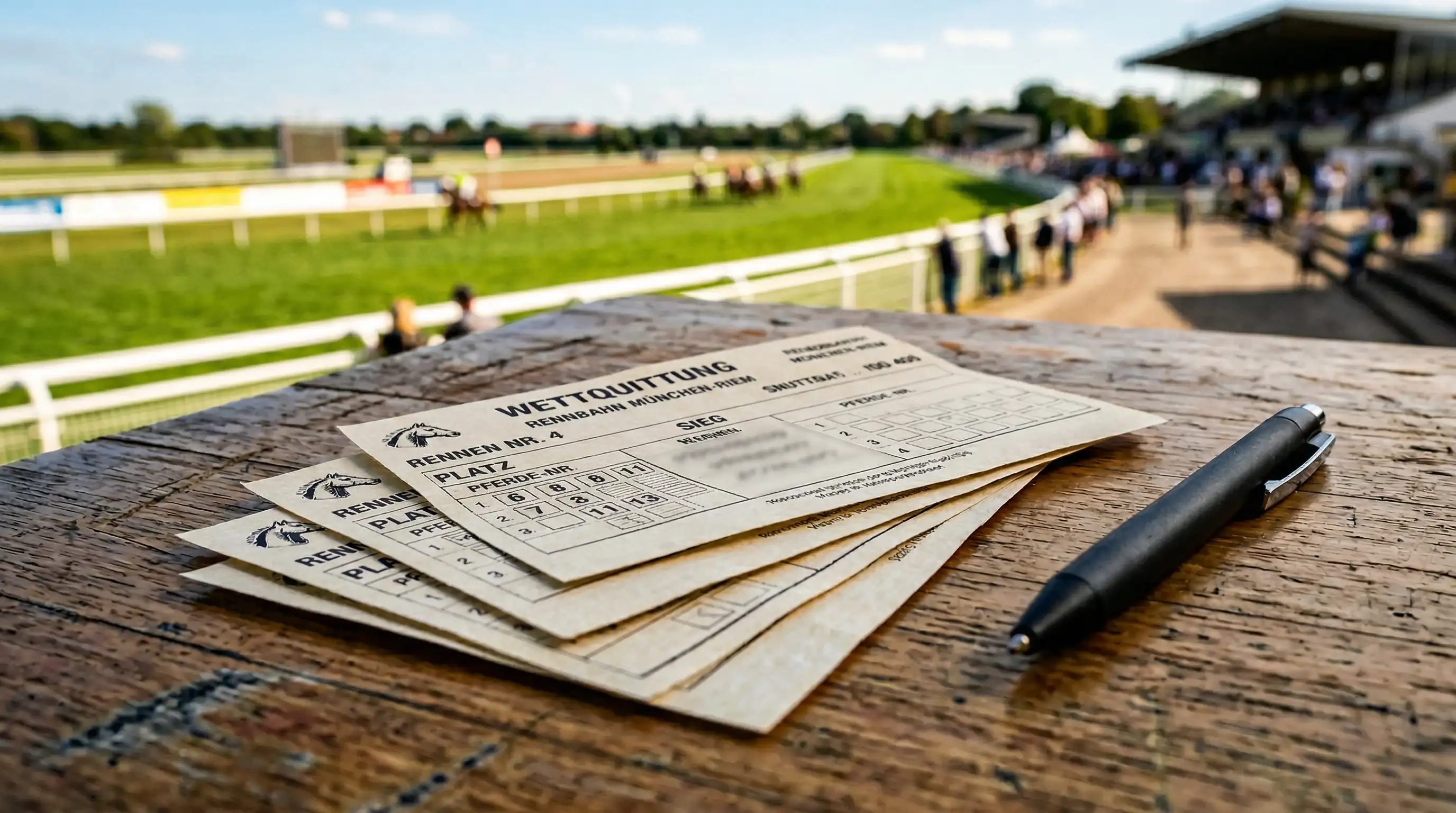 Mehrere Wettscheine nebeneinander auf einem Tisch vor einer Pferderennbahn