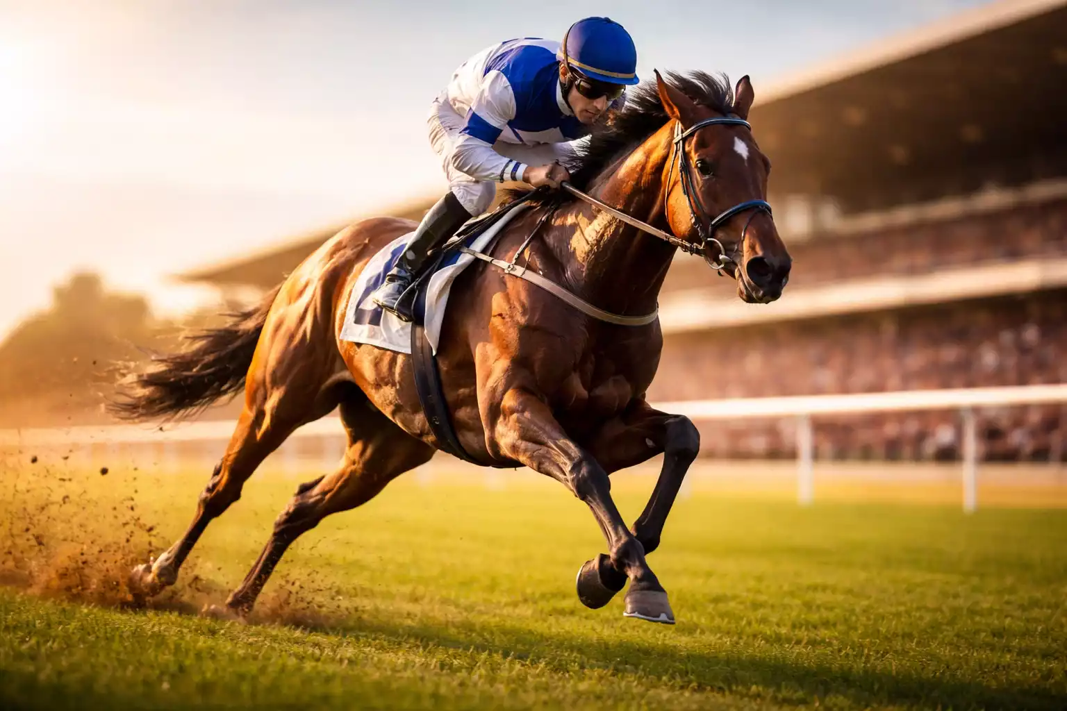 Pferd und Jockey im Galopp auf Grasbahn