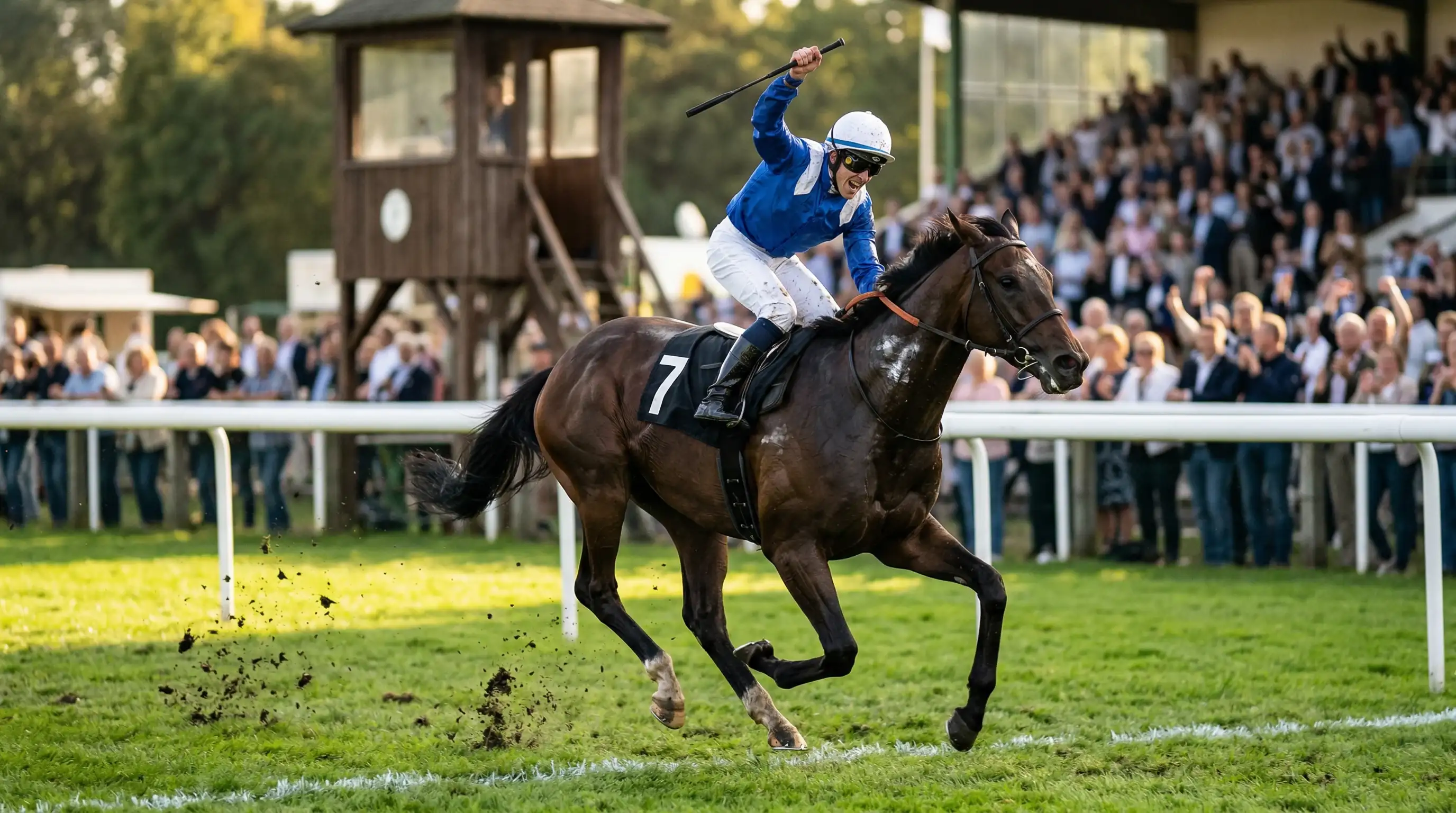 Rennpferd überquert als Erstes die Ziellinie auf einer Galopprennbahn