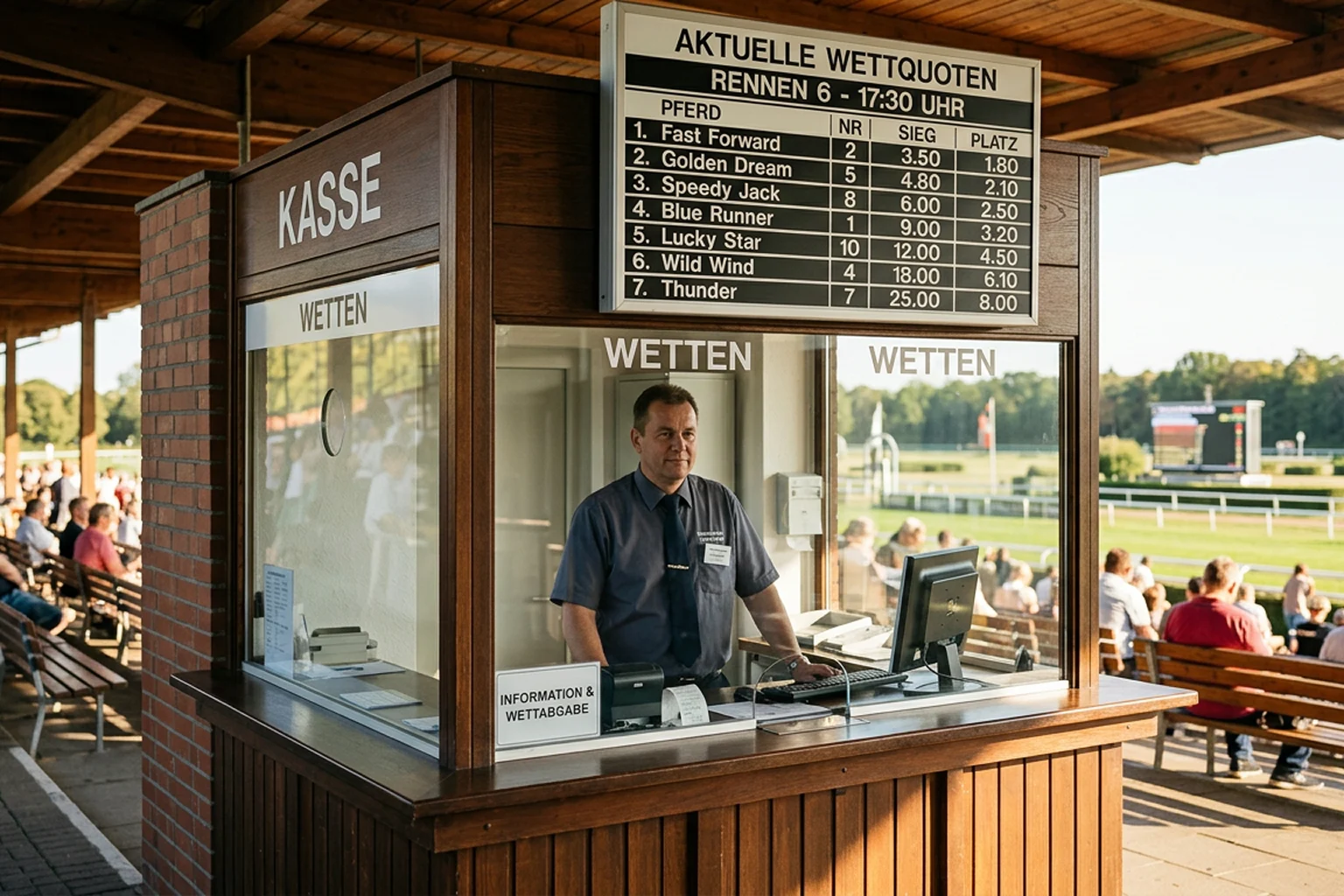 Wettschalter an einer Pferderennbahn mit Anzeigetafeln