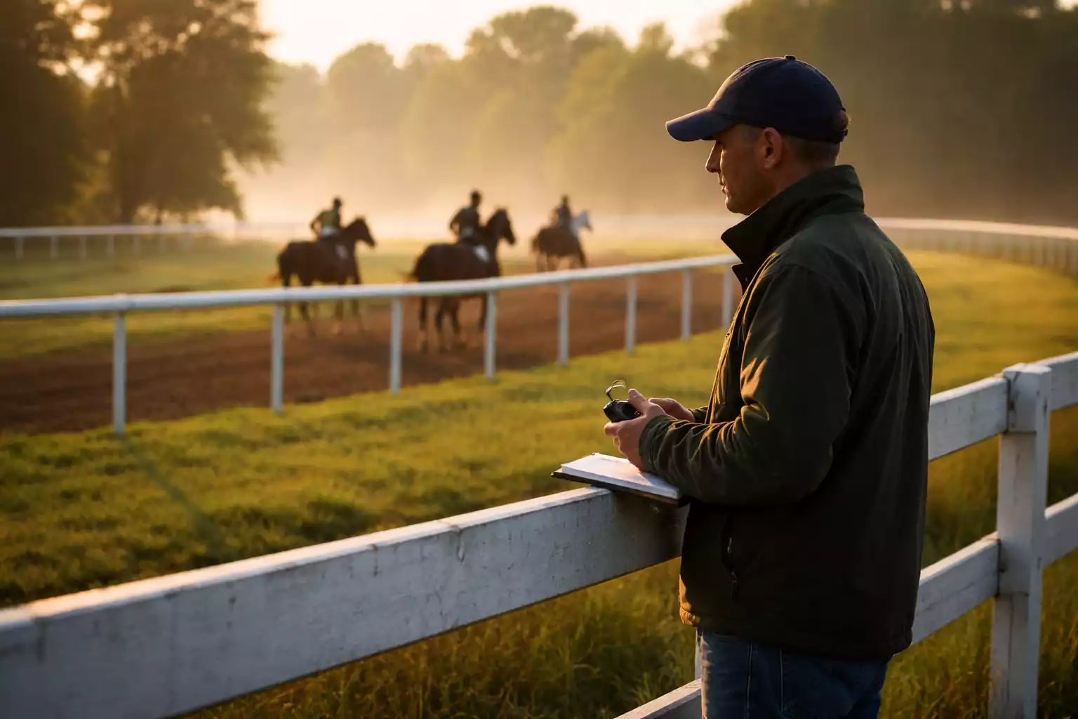 Trainer beobachtet Pferde beim Training