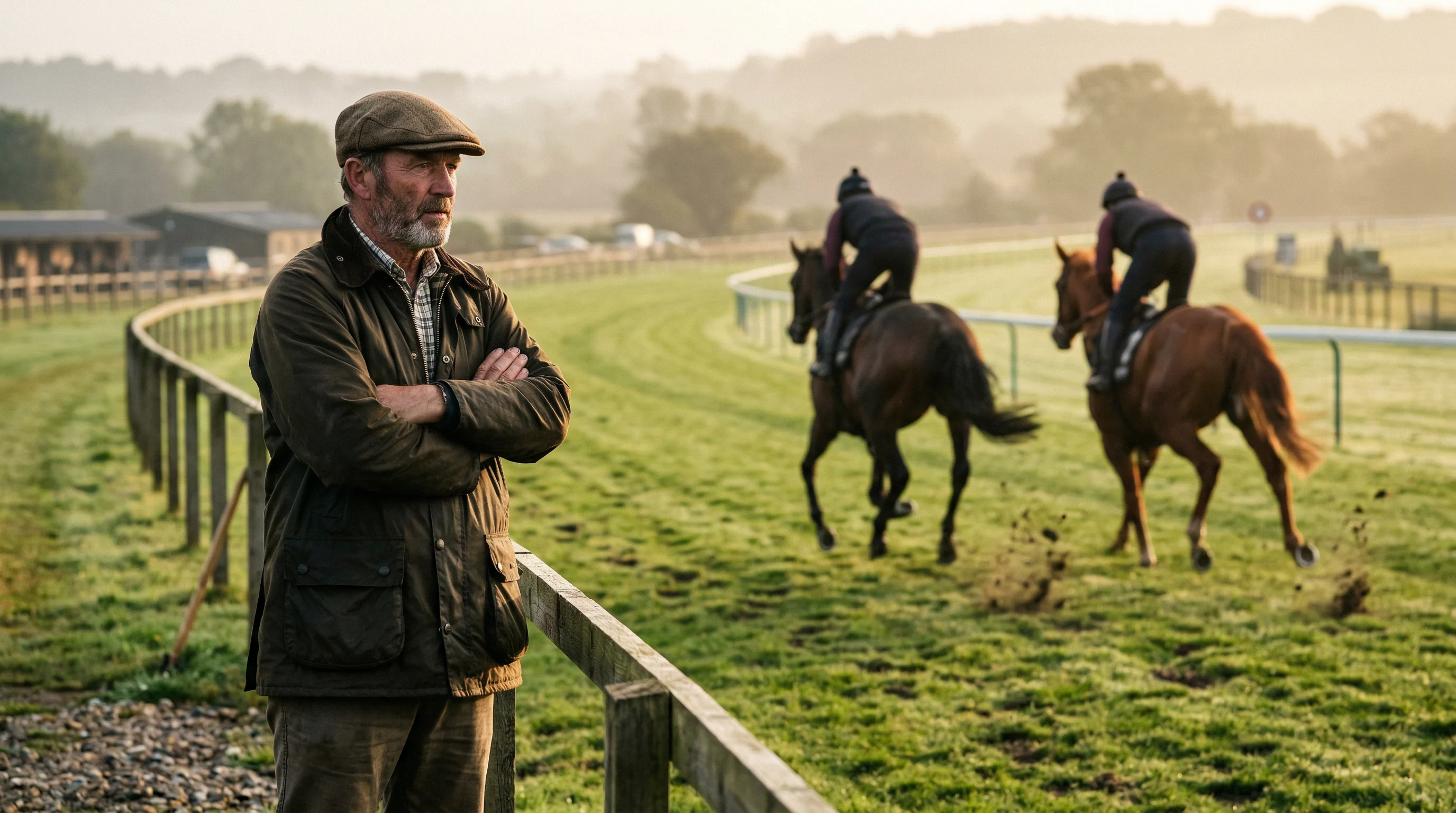 Pferdetrainer beobachtet mit verschränkten Armen das Training auf der Rennbahn