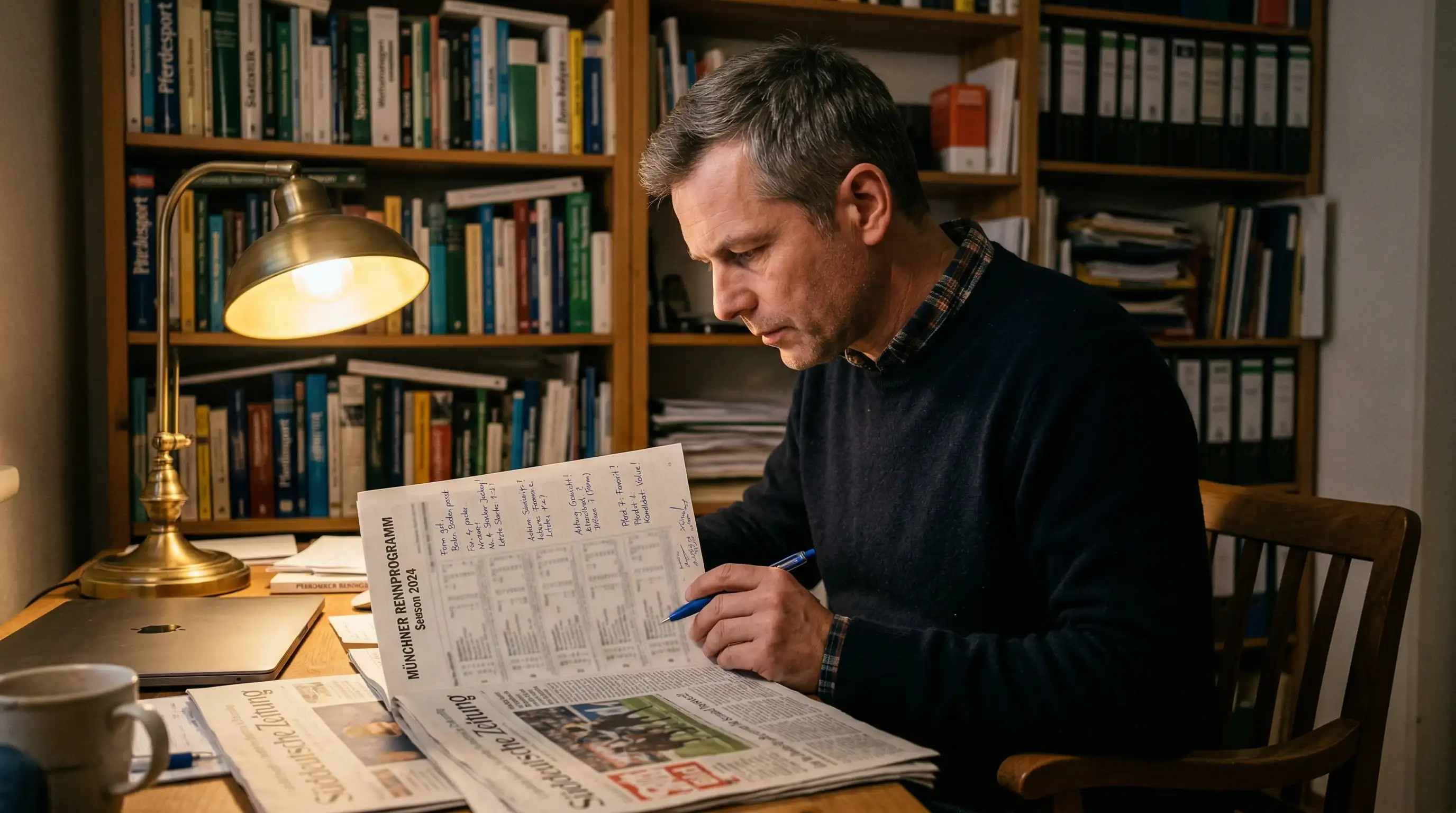 Konzentrierter Wetter analysiert Rennformulare mit Stift und Notizen