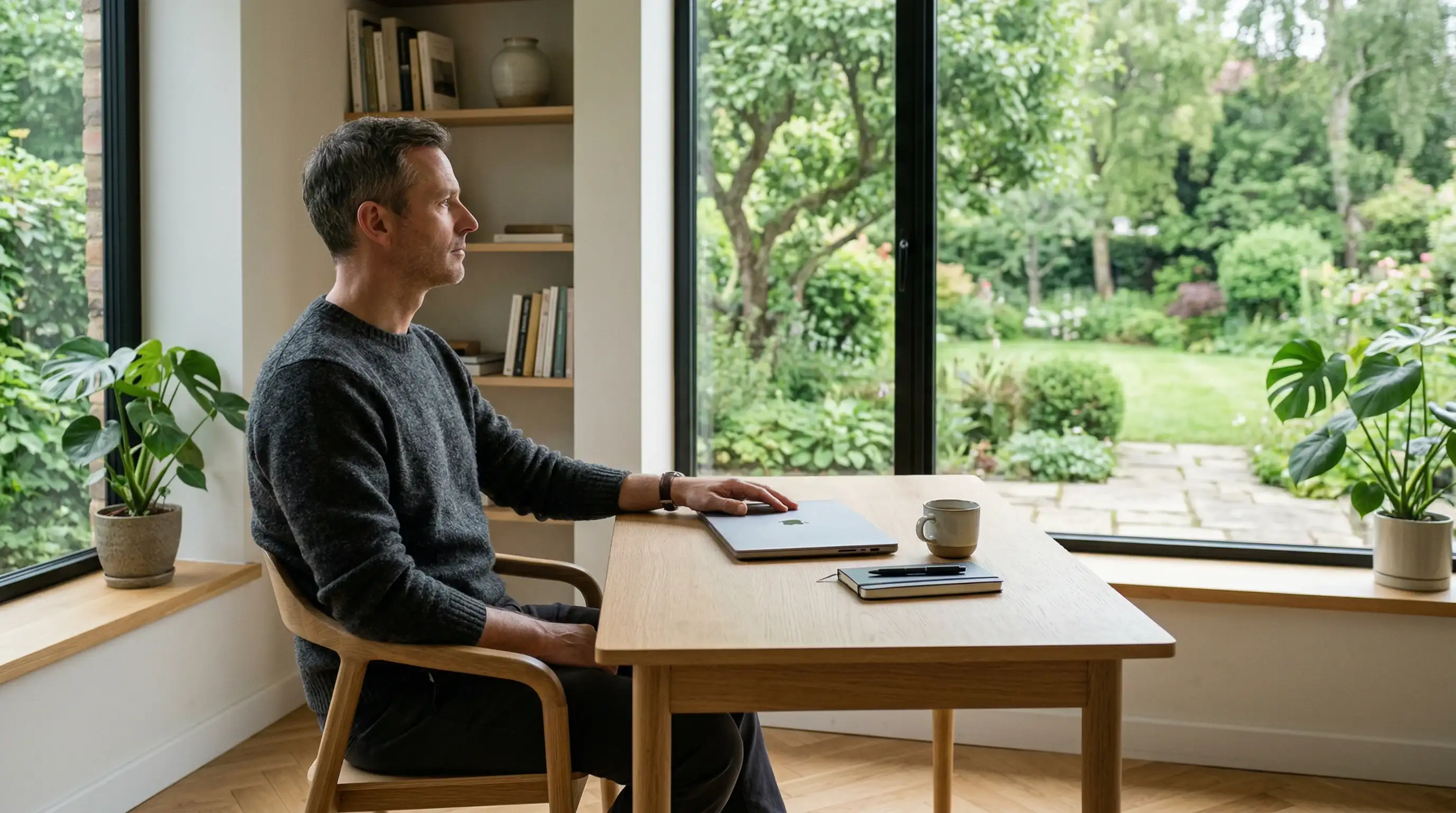 Person macht eine bewusste Pause vom Bildschirm und blickt nachdenklich aus dem Fenster