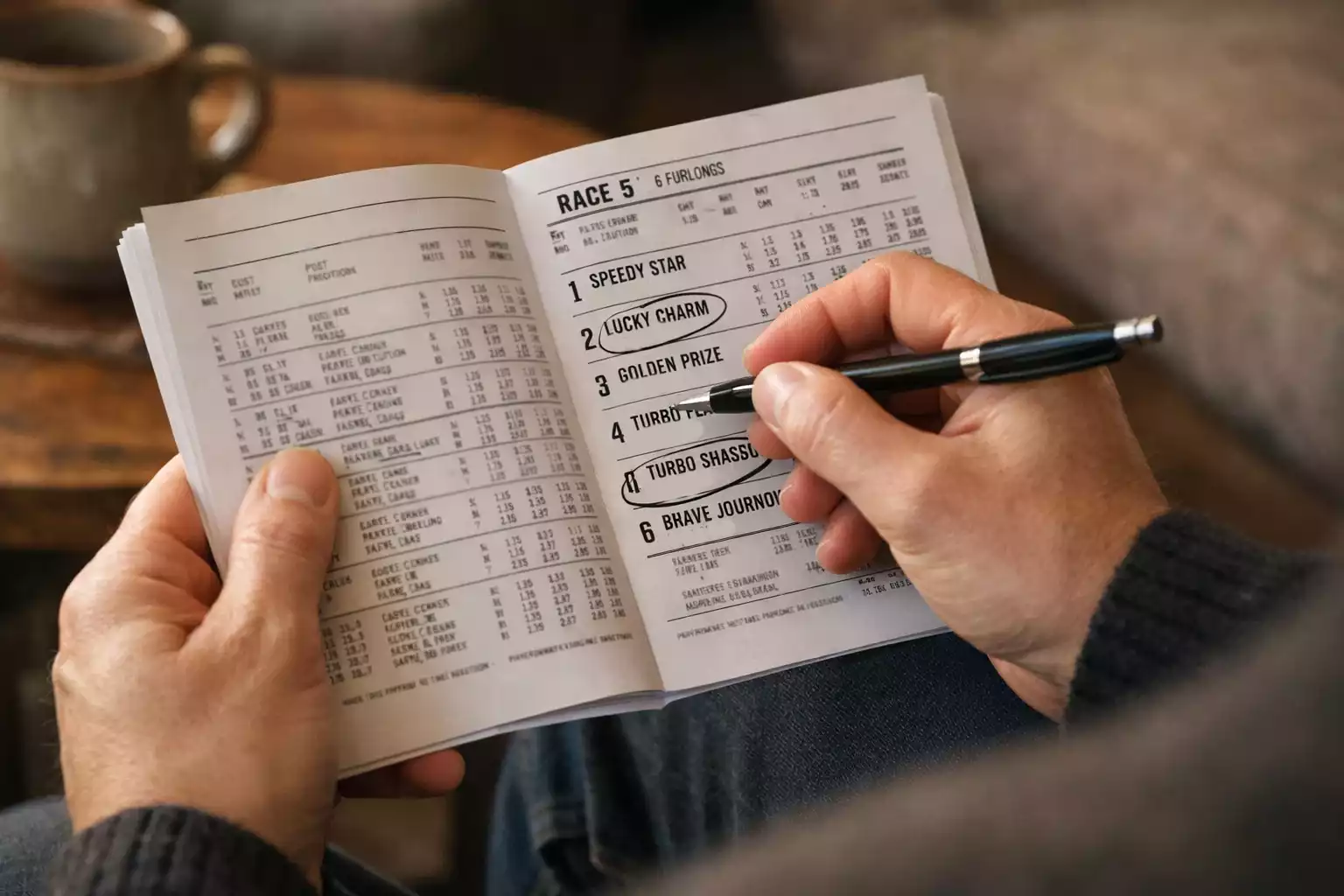 Person studiert Rennprogramm mit Kugelschreiber