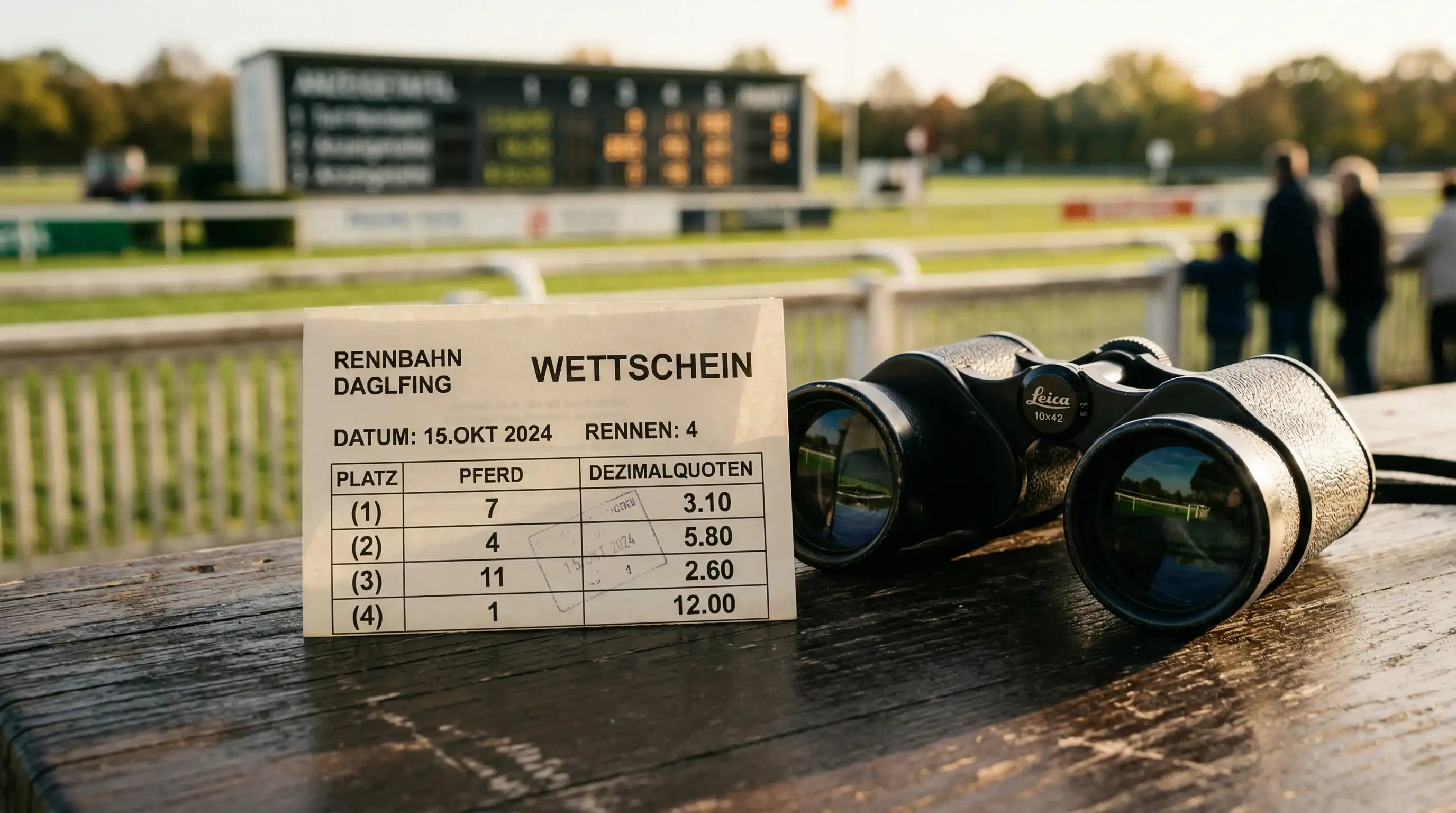 Wettschein mit Quoten neben einer Rennbahn-Tafel bei einem Pferderennen