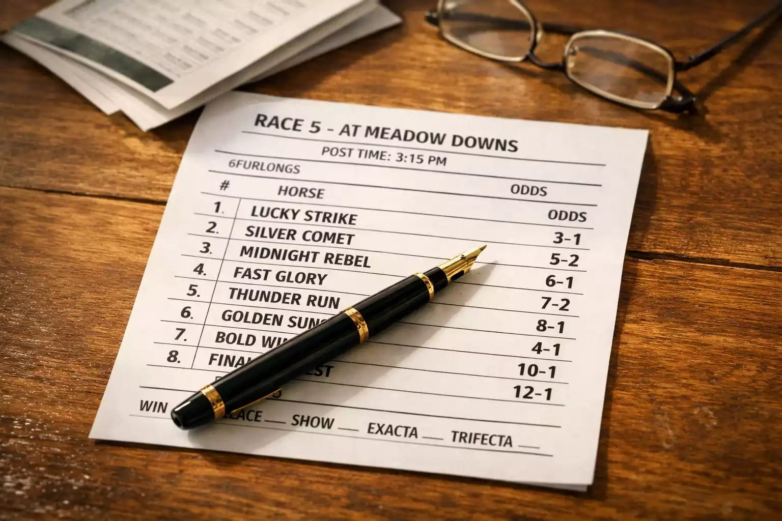 Gedruckter Wettschein mit Pferderennen-Quoten und einem Stift