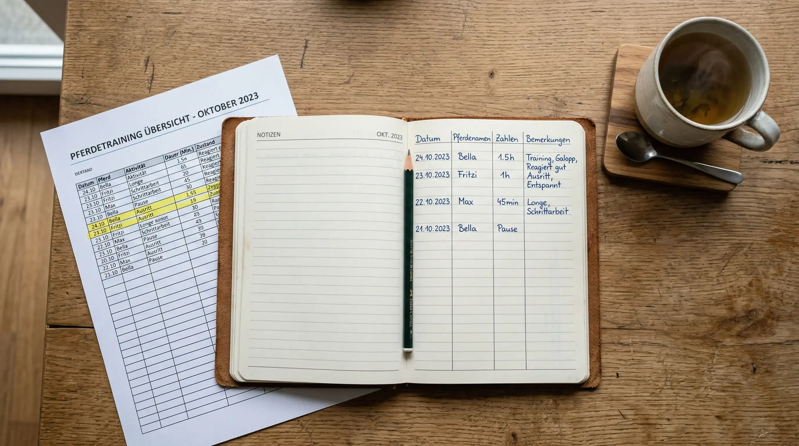 Aufgeschlagenes Notizbuch mit handschriftlichen Wetteinträgen und Statistiken